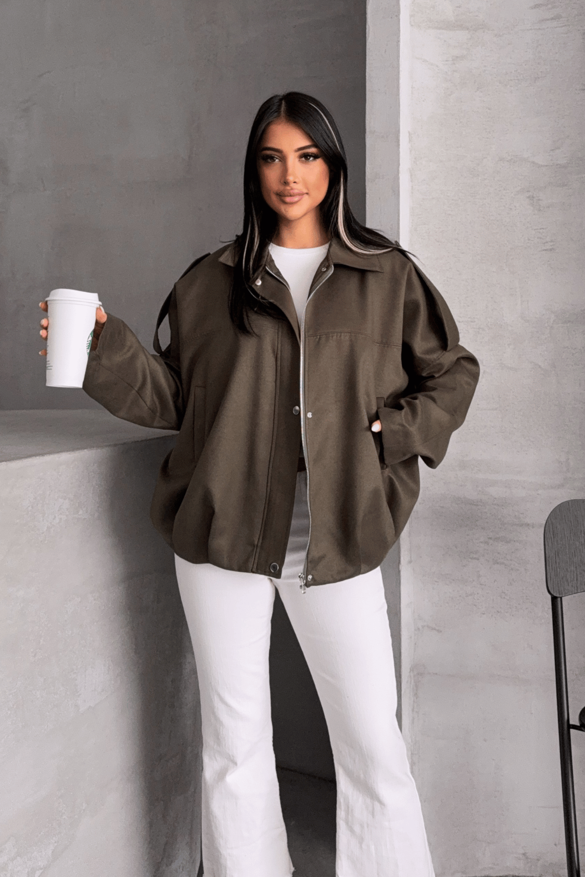 Dokuma Süet Kumaş Apoletli Bomber Ceket - HAKİ YEŞİLİ