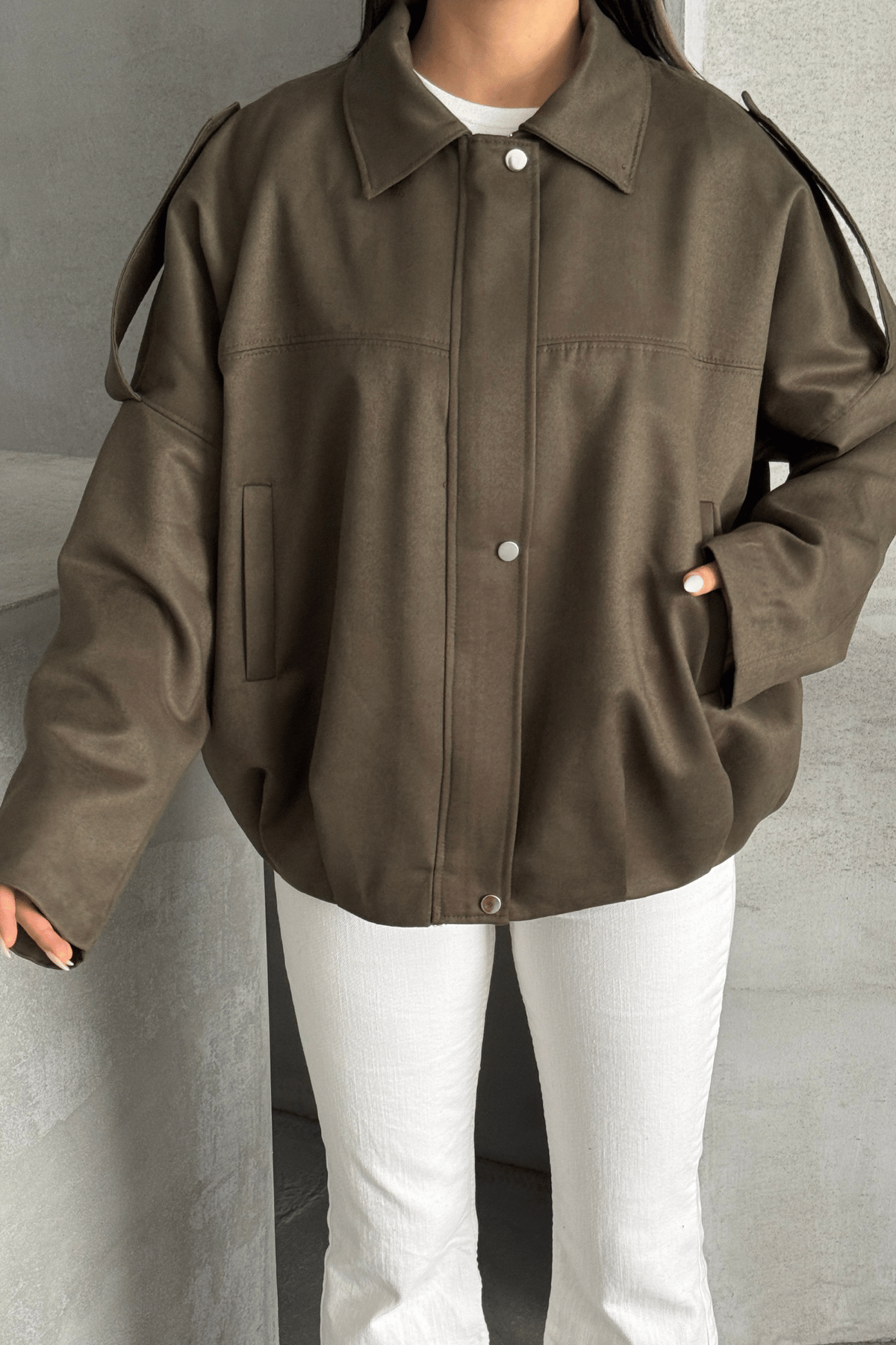 Dokuma Süet Kumaş Apoletli Bomber Ceket - HAKİ YEŞİLİ