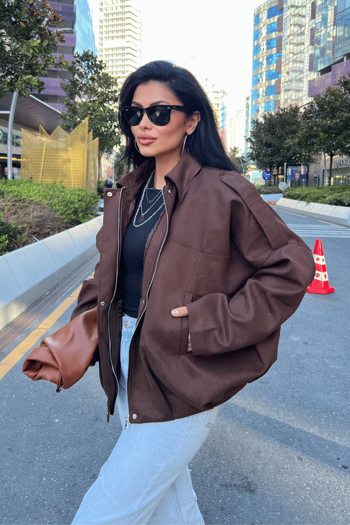 Dokuma Süet Kumaş Apoletli Bomber Ceket - KOYU KAHVE