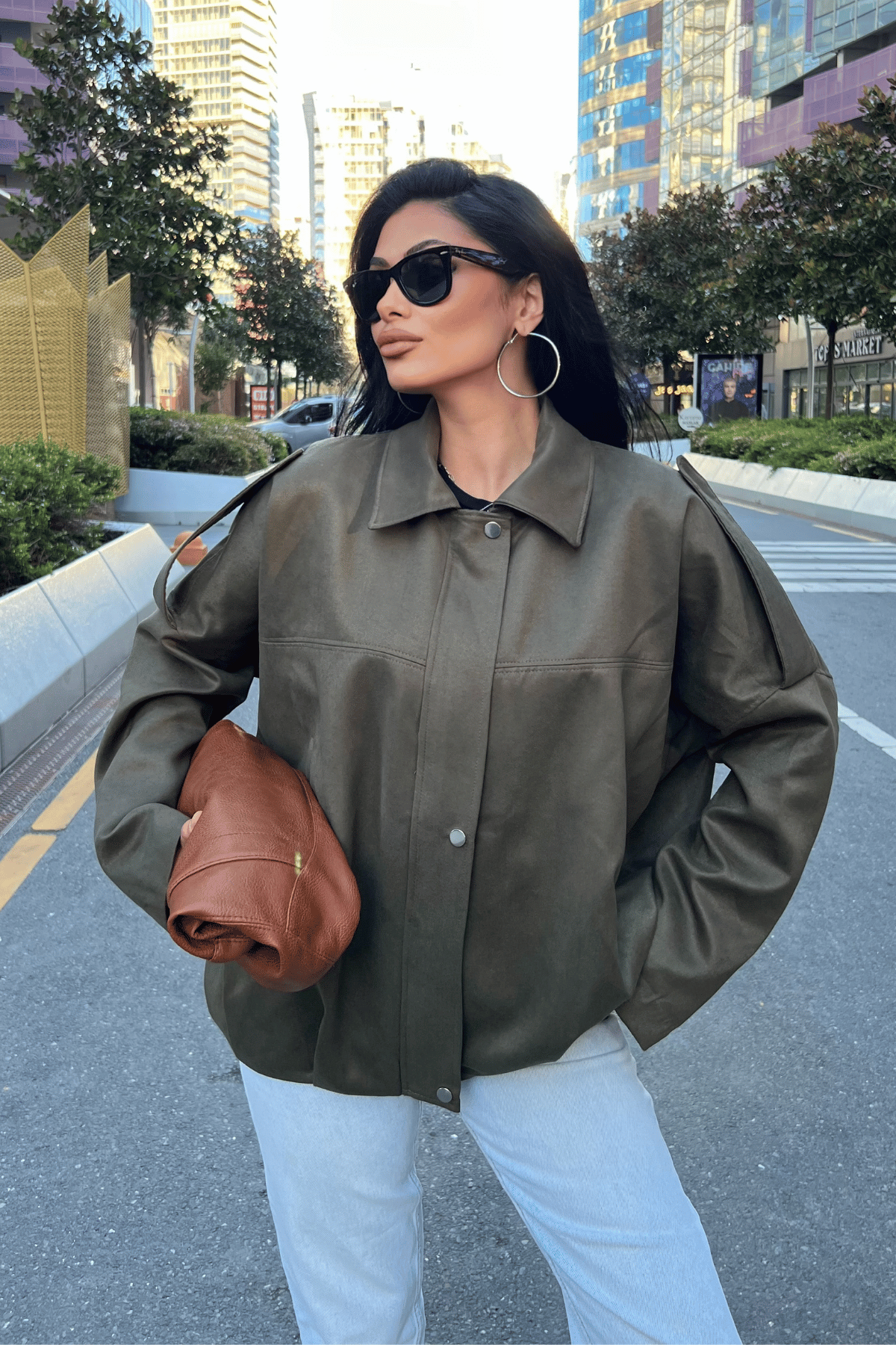 Dokuma Süet Kumaş Apoletli Bomber Ceket - HAKİ YEŞİLİ