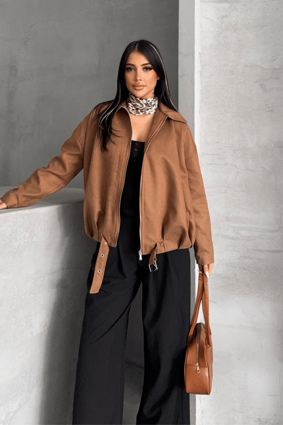 Dokuma Süet Kumaş Bomber Ceket - AÇIK KAHVE