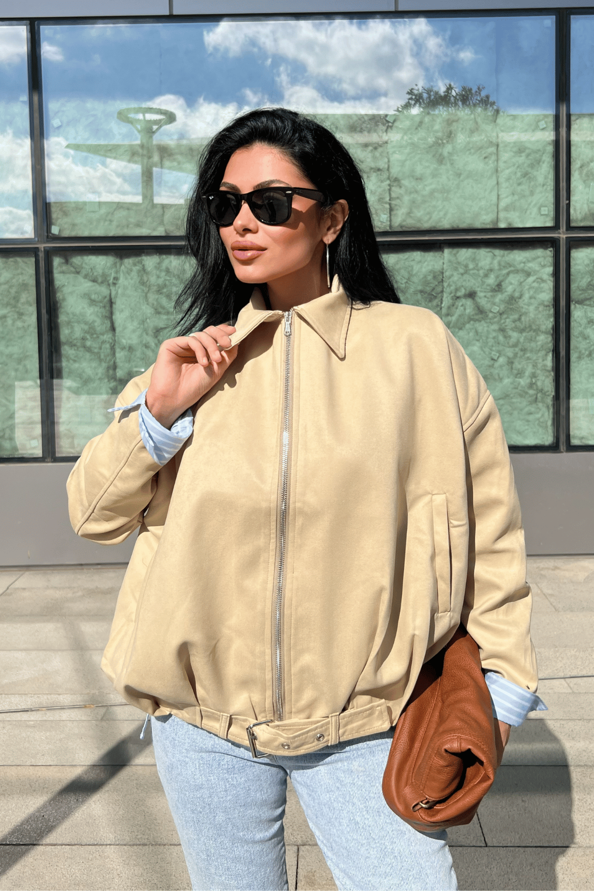 Dokuma Süet Kumaş Bomber Ceket - KREM