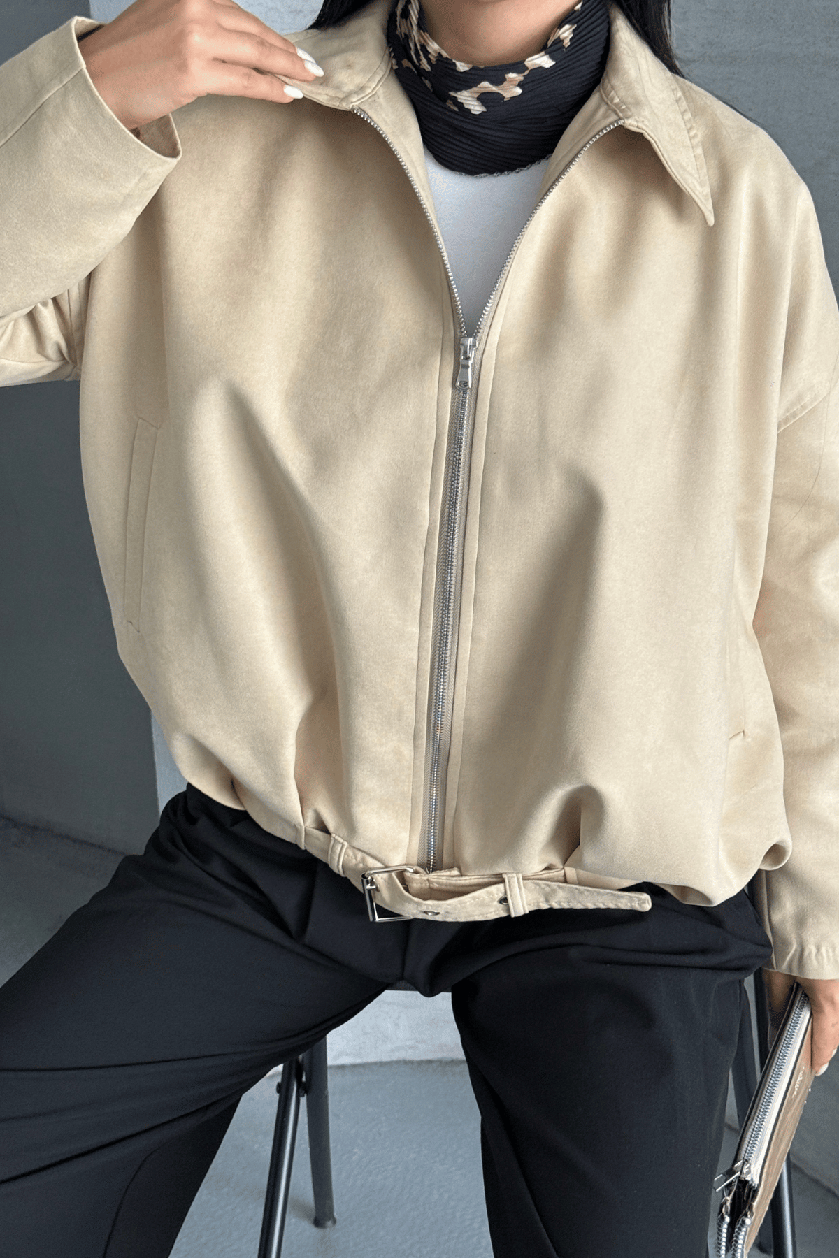 Dokuma Süet Kumaş Bomber Ceket - KREM