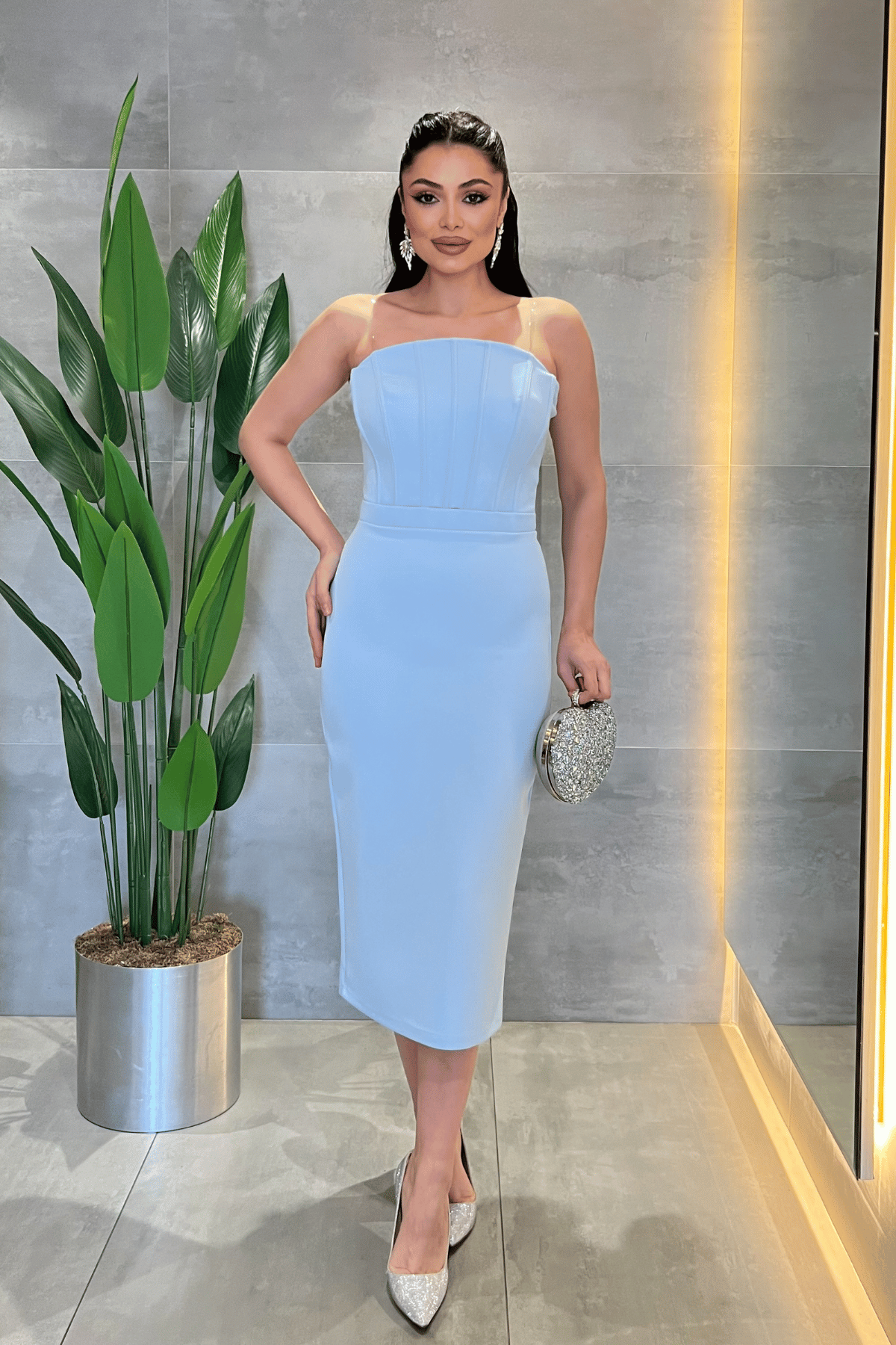 Double Kumaş Bolero Detaylı Kalem Elbise - BEBE MAVİSİ