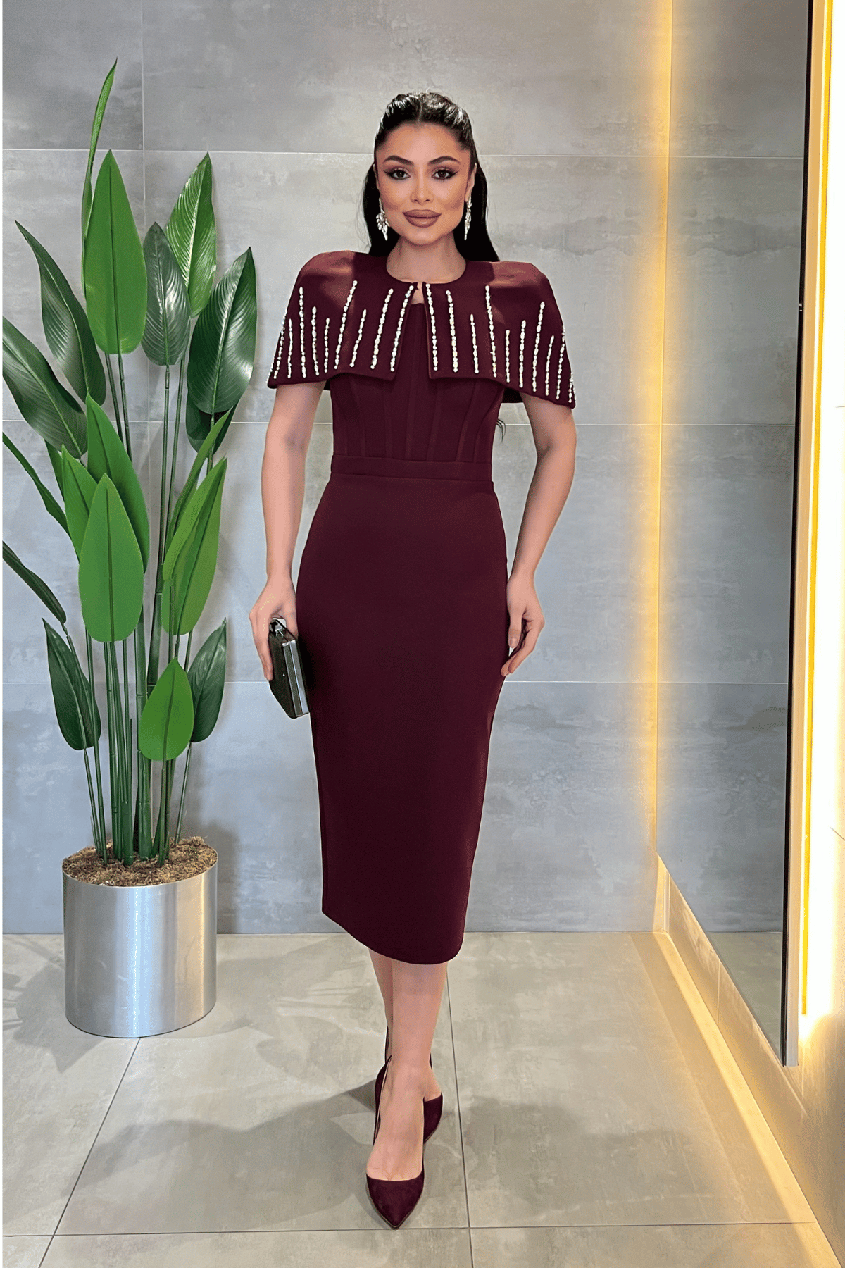 Double Kumaş Bolero Detaylı Kalem Elbise - VİŞNE