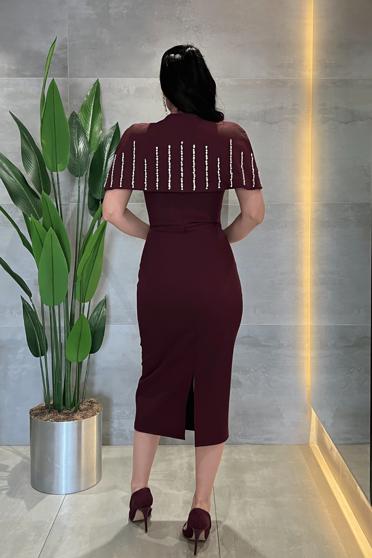 Double Kumaş Bolero Detaylı Kalem Elbise - VİŞNE