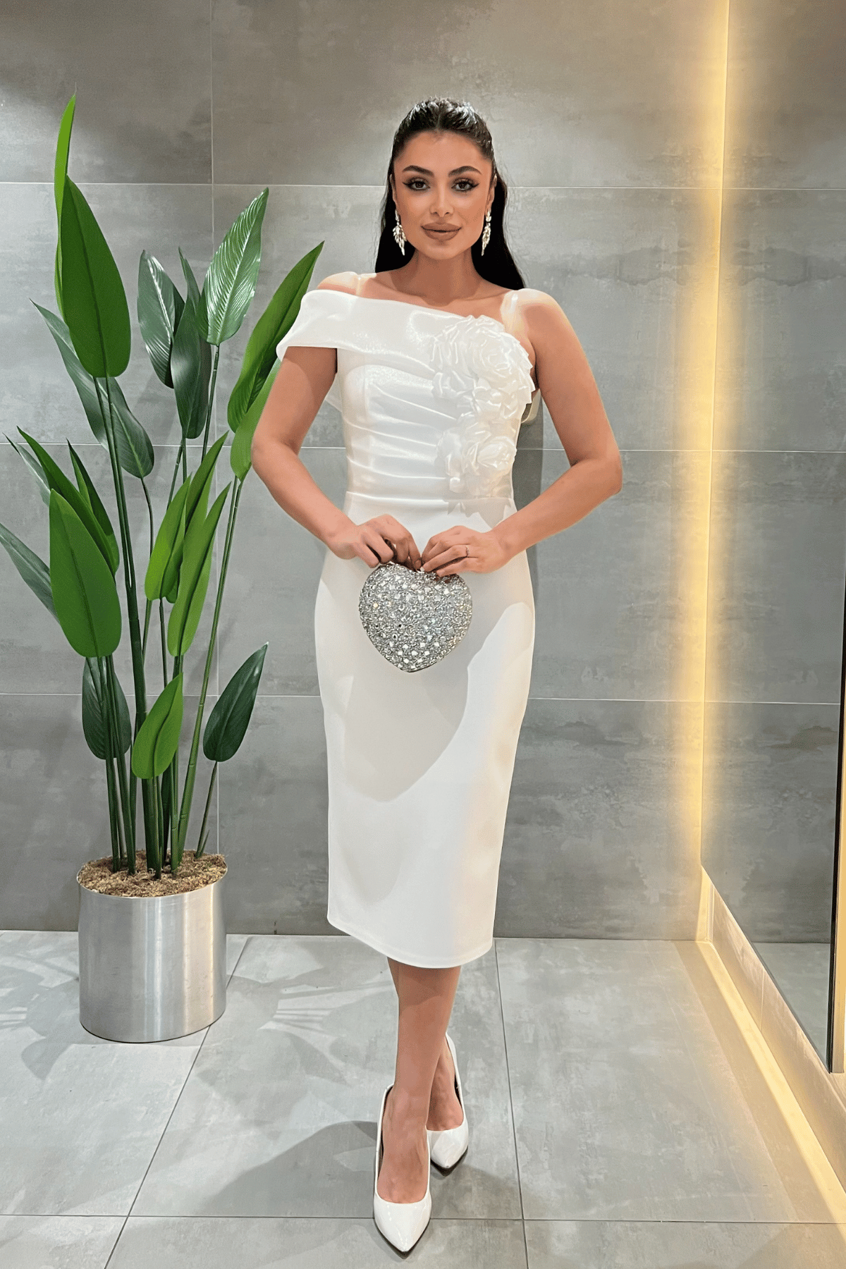 Double Kumaş Organze Çiçek Detaylı Kalem Elbise - BEYAZ