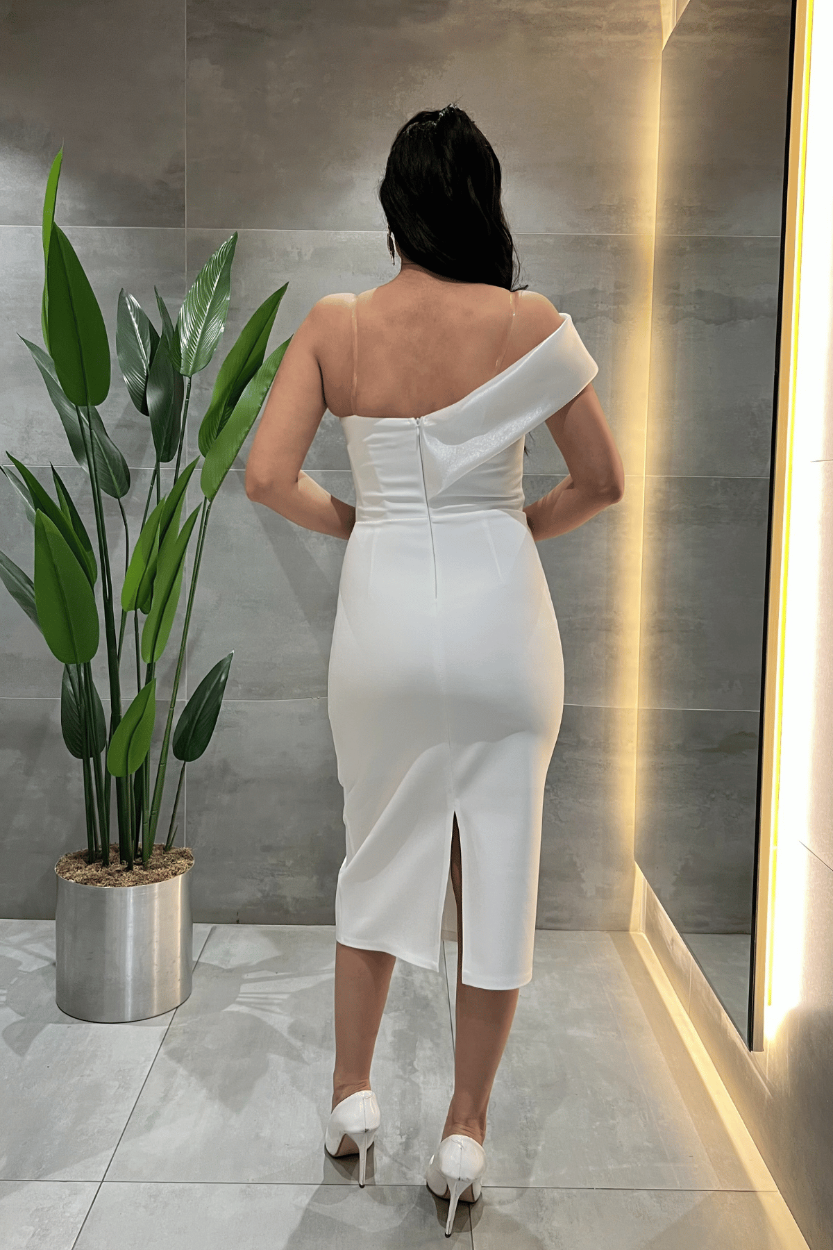 Double Kumaş Organze Çiçek Detaylı Kalem Elbise - BEYAZ