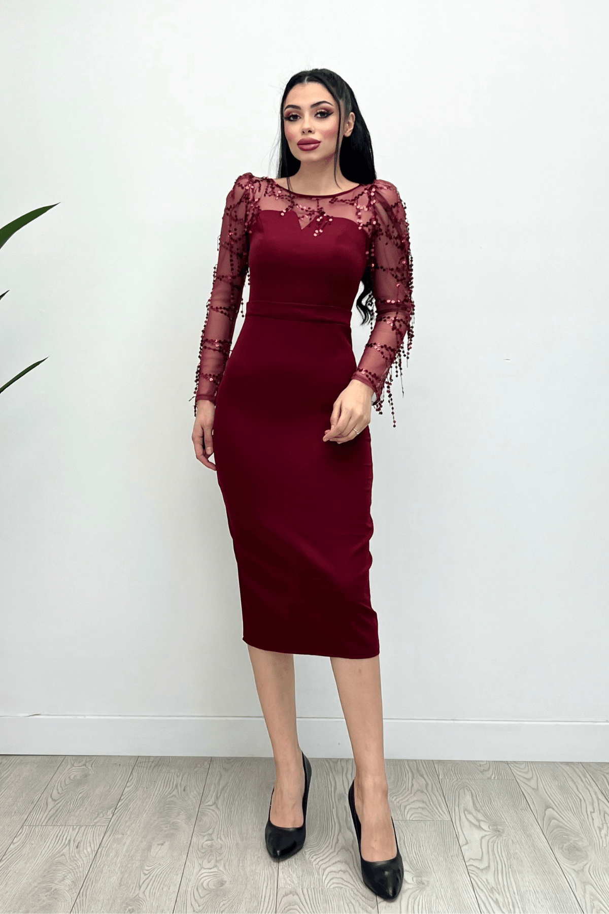 Double Kumaş Pul Saçaklı Elbise - Bordo