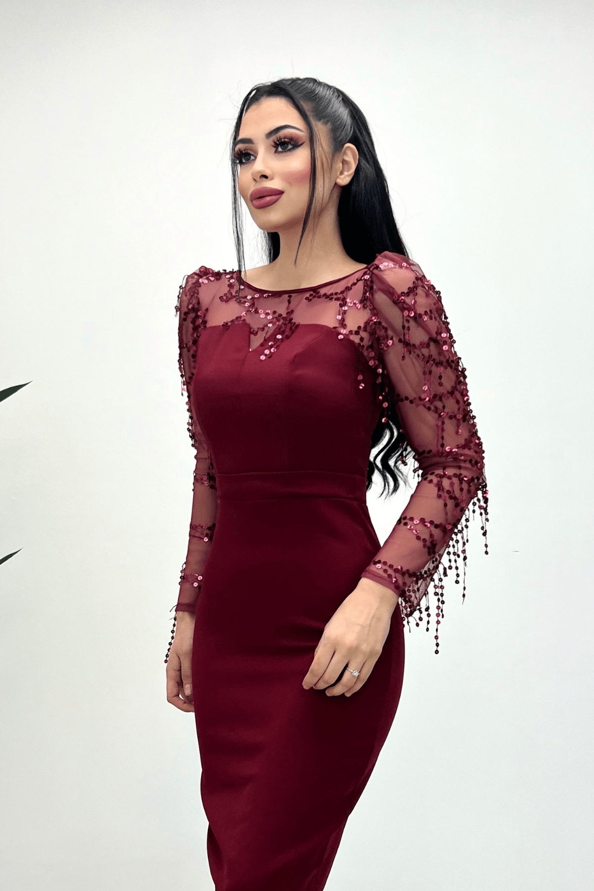 Double Kumaş Pul Saçaklı Elbise - Bordo