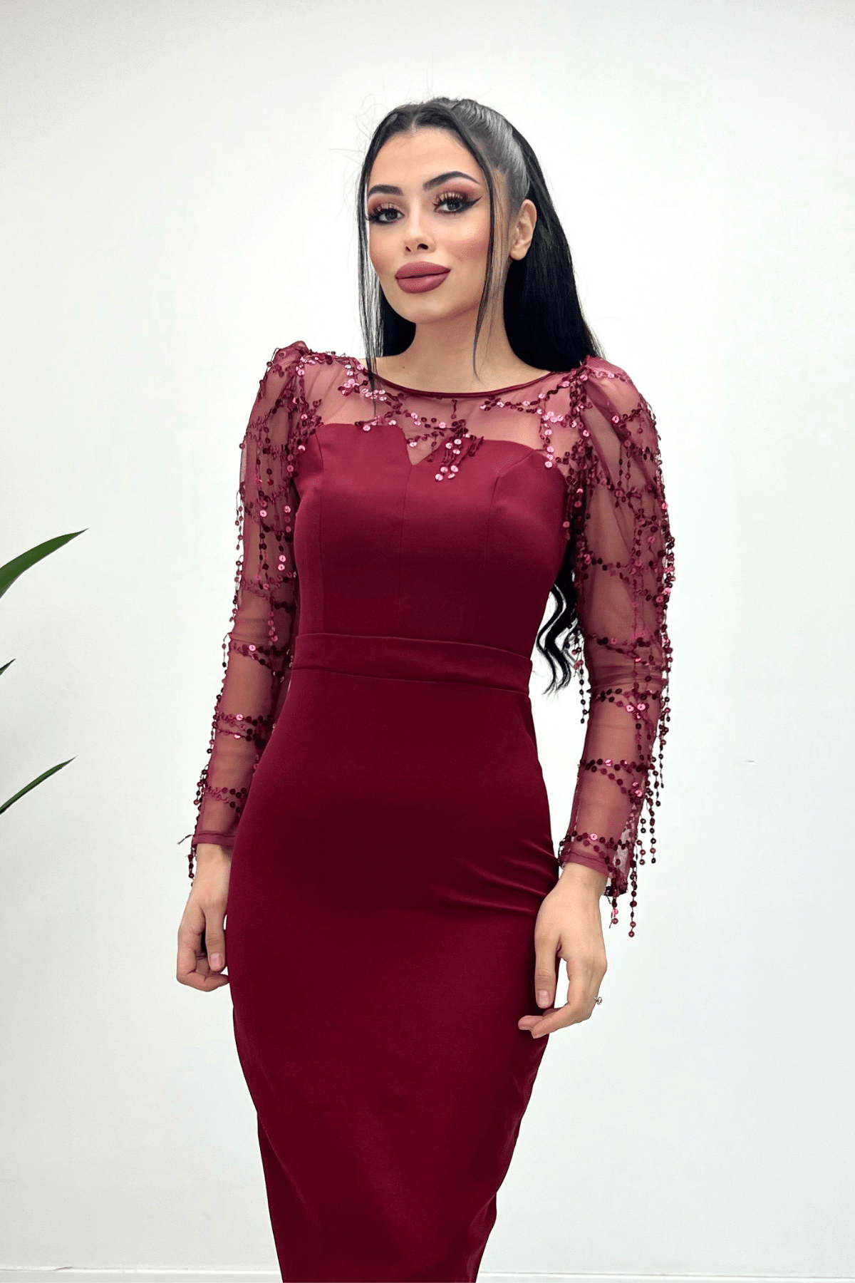 Double Kumaş Pul Saçaklı Elbise - Bordo