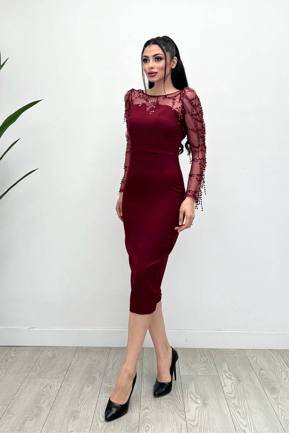 Double Kumaş Pul Saçaklı Elbise - Bordo