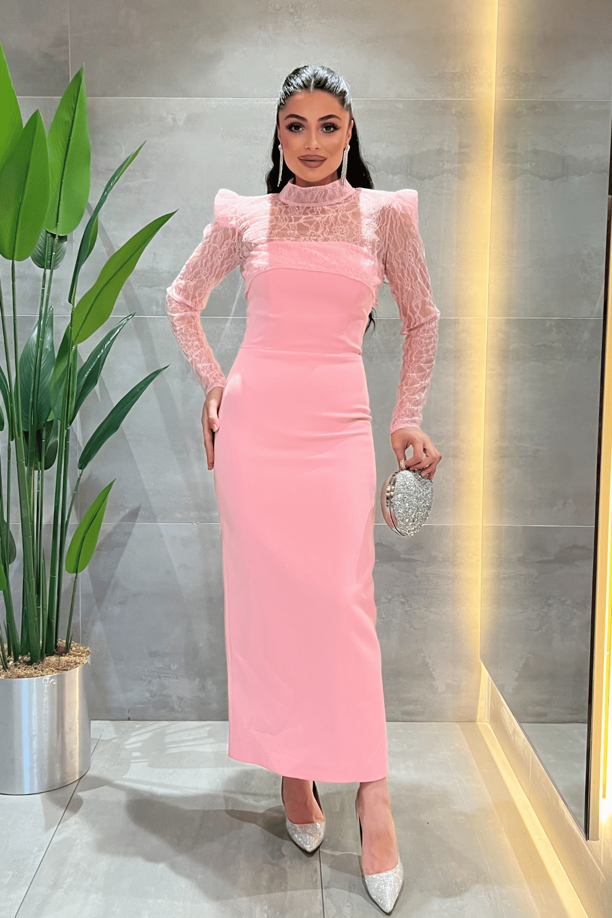 Double Kumaş Straplez Dantel Bolero Detaylı Elbise - PEMBE