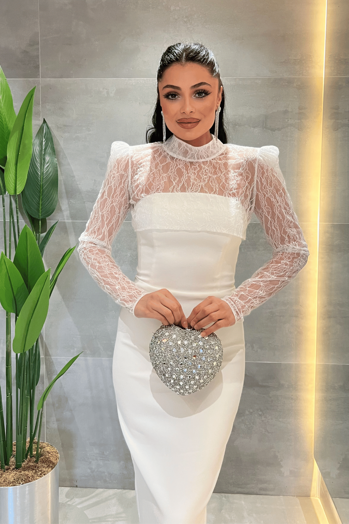 Double Kumaş Straplez Dantel Bolero Detaylı Elbise - BEYAZ