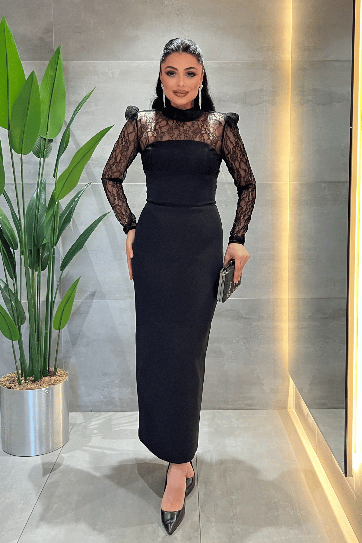 Double Kumaş Straplez Dantel Bolero Detaylı Elbise - SİYAH