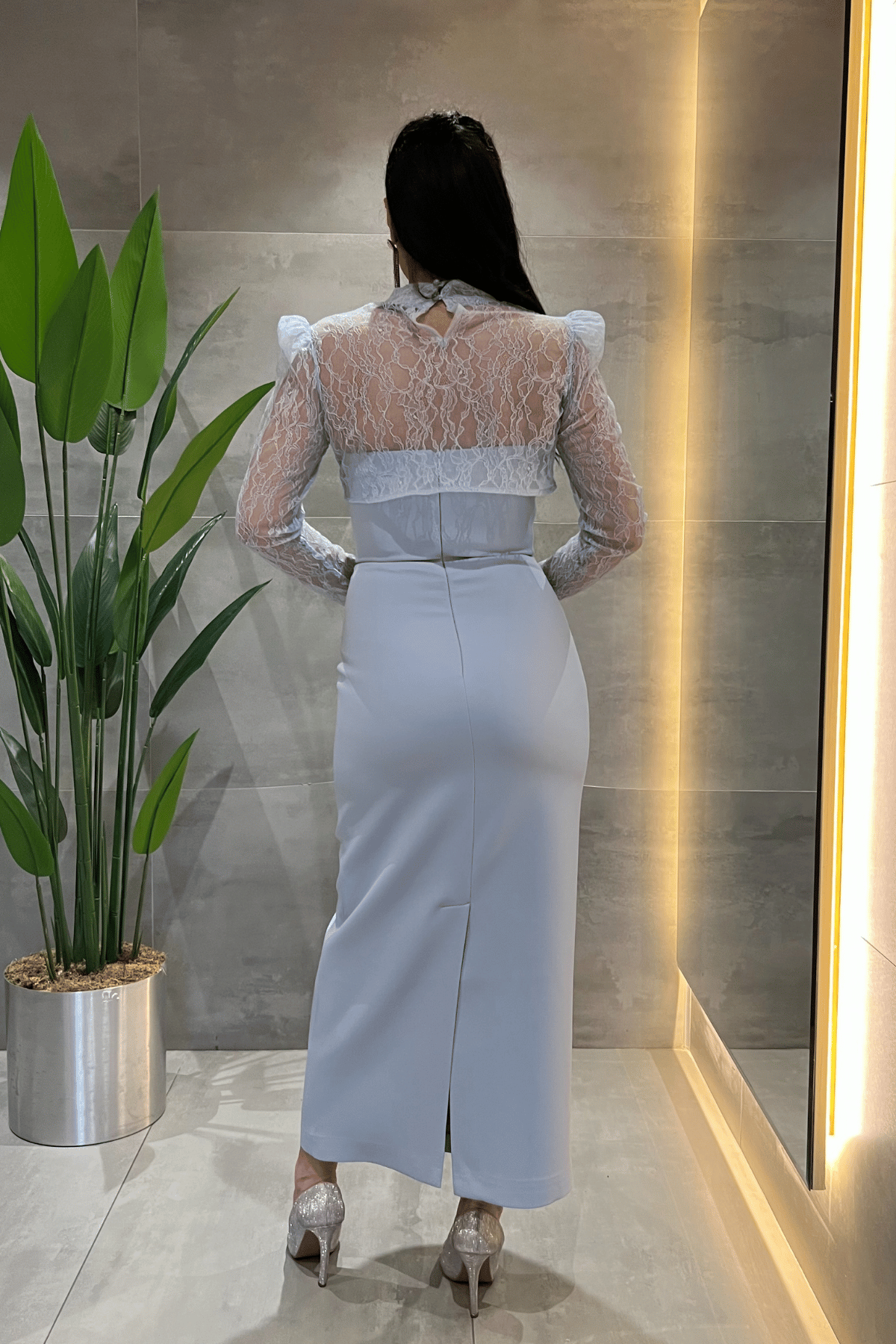 Double Kumaş Straplez Dantel Bolero Detaylı Elbise - BEBE MAVİSİ