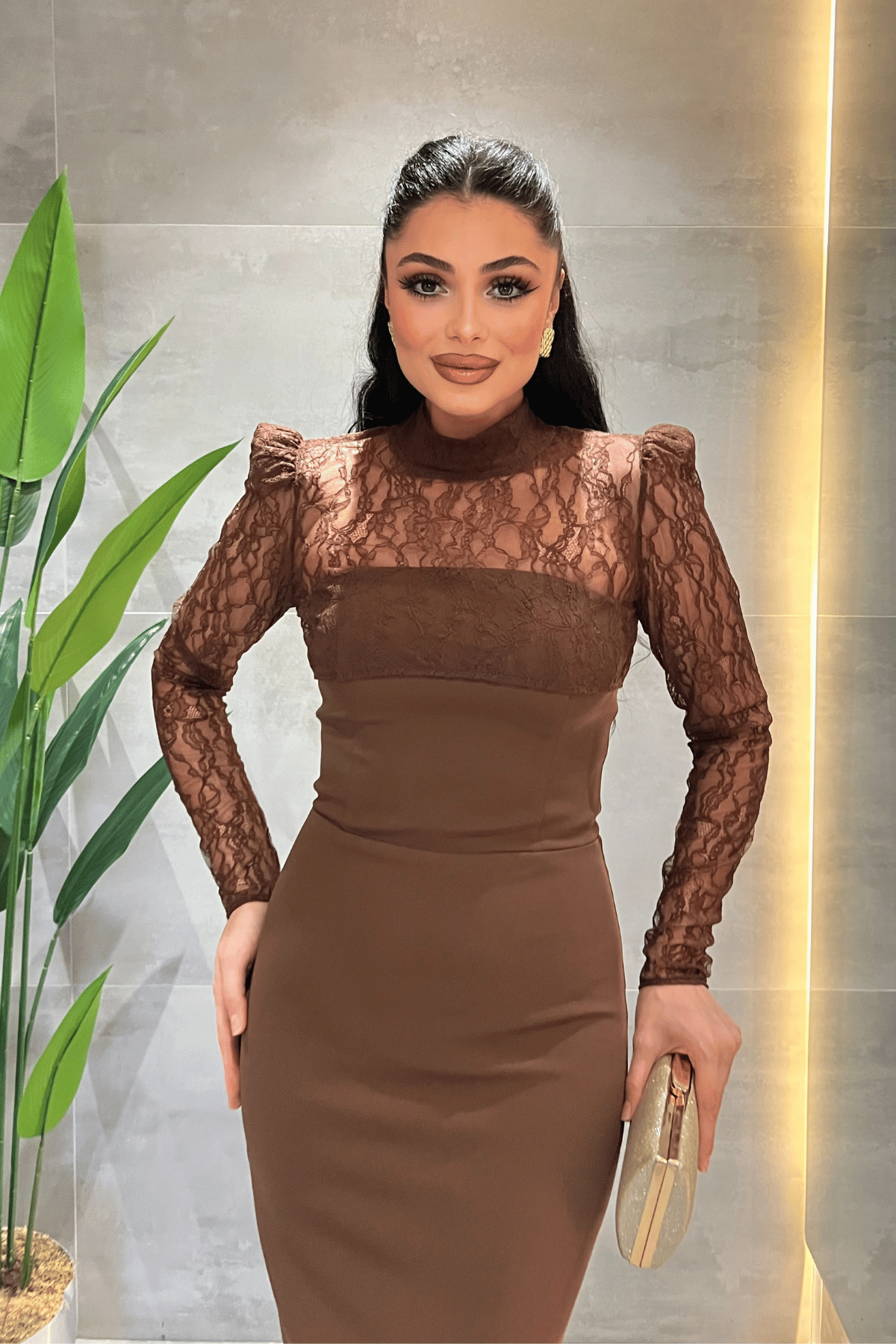 Double Kumaş Straplez Dantel Bolero Detaylı Elbise - KAHVERENGİ