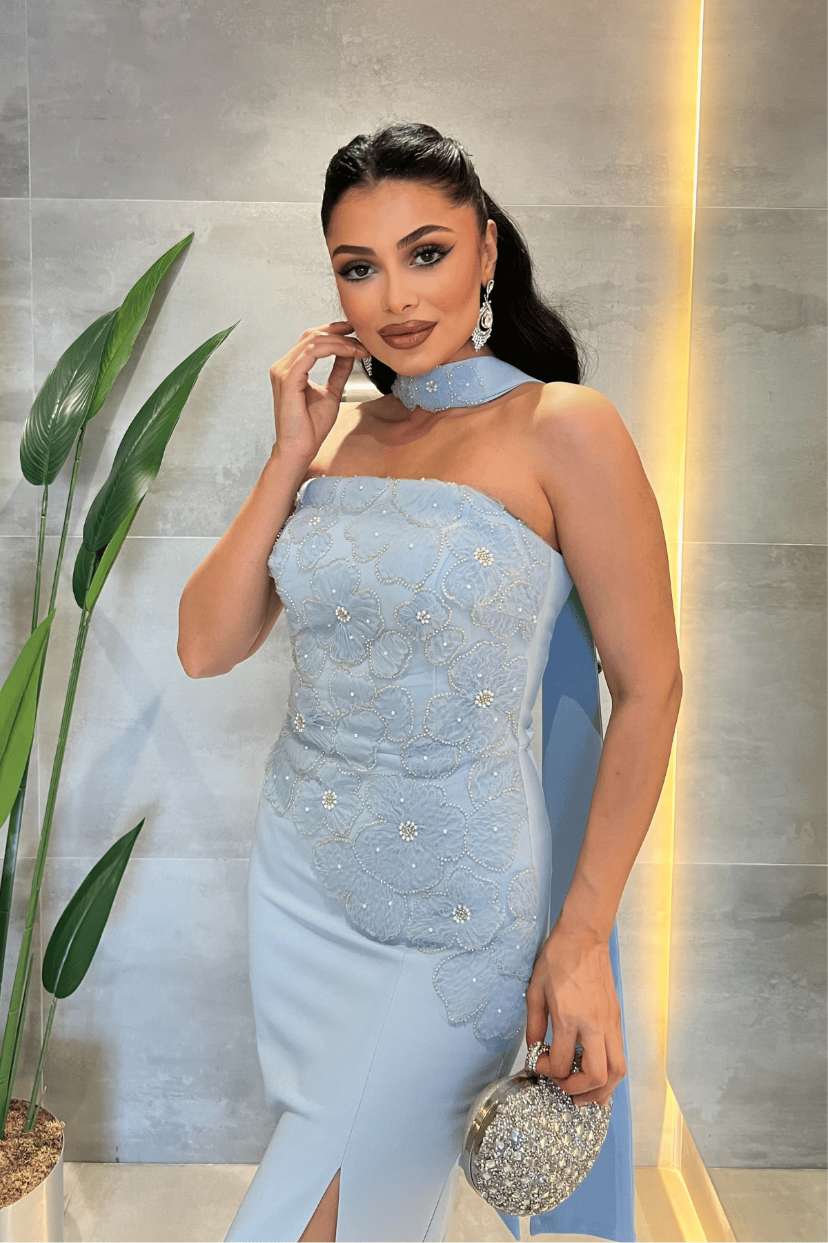 Double Kumaş Straplez Şal Detaylı Kalem Elbise - BEBE MAVİSİ
