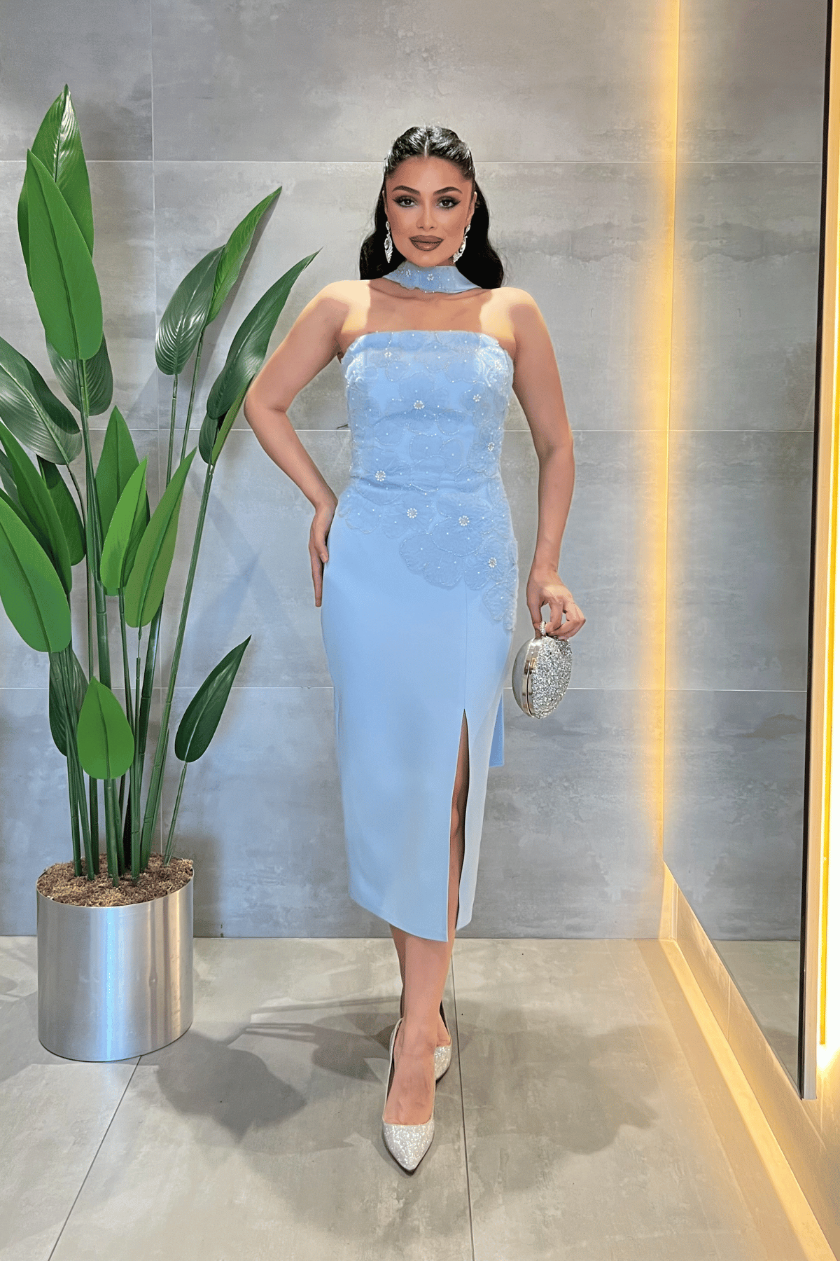 Double Kumaş Straplez Şal Detaylı Kalem Elbise - BEBE MAVİSİ