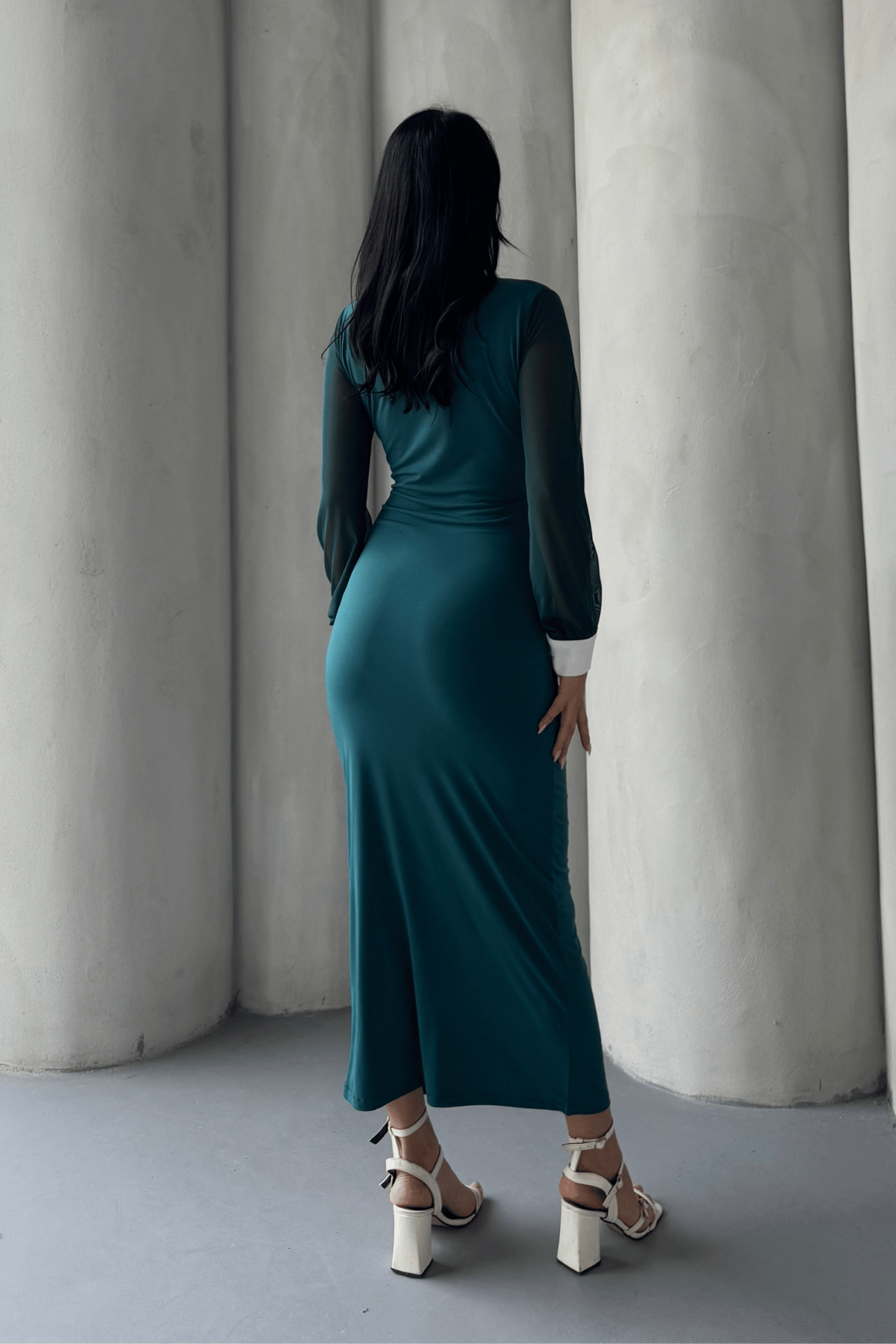 Düğme Detaylı Tül Elbise - ZÜMRÜT YEŞİL