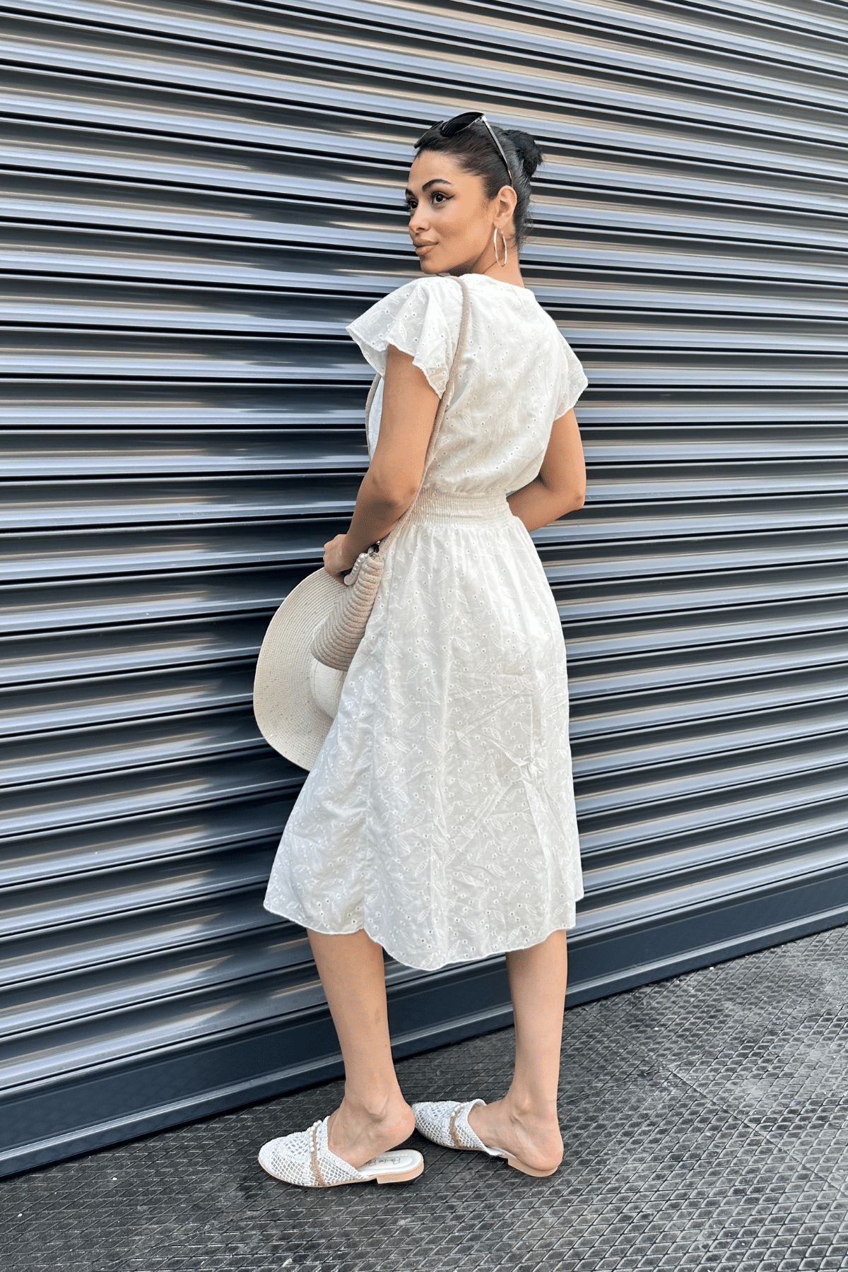 Fisto Kumaş Kruvaze Yaka Elbise - BEYAZ