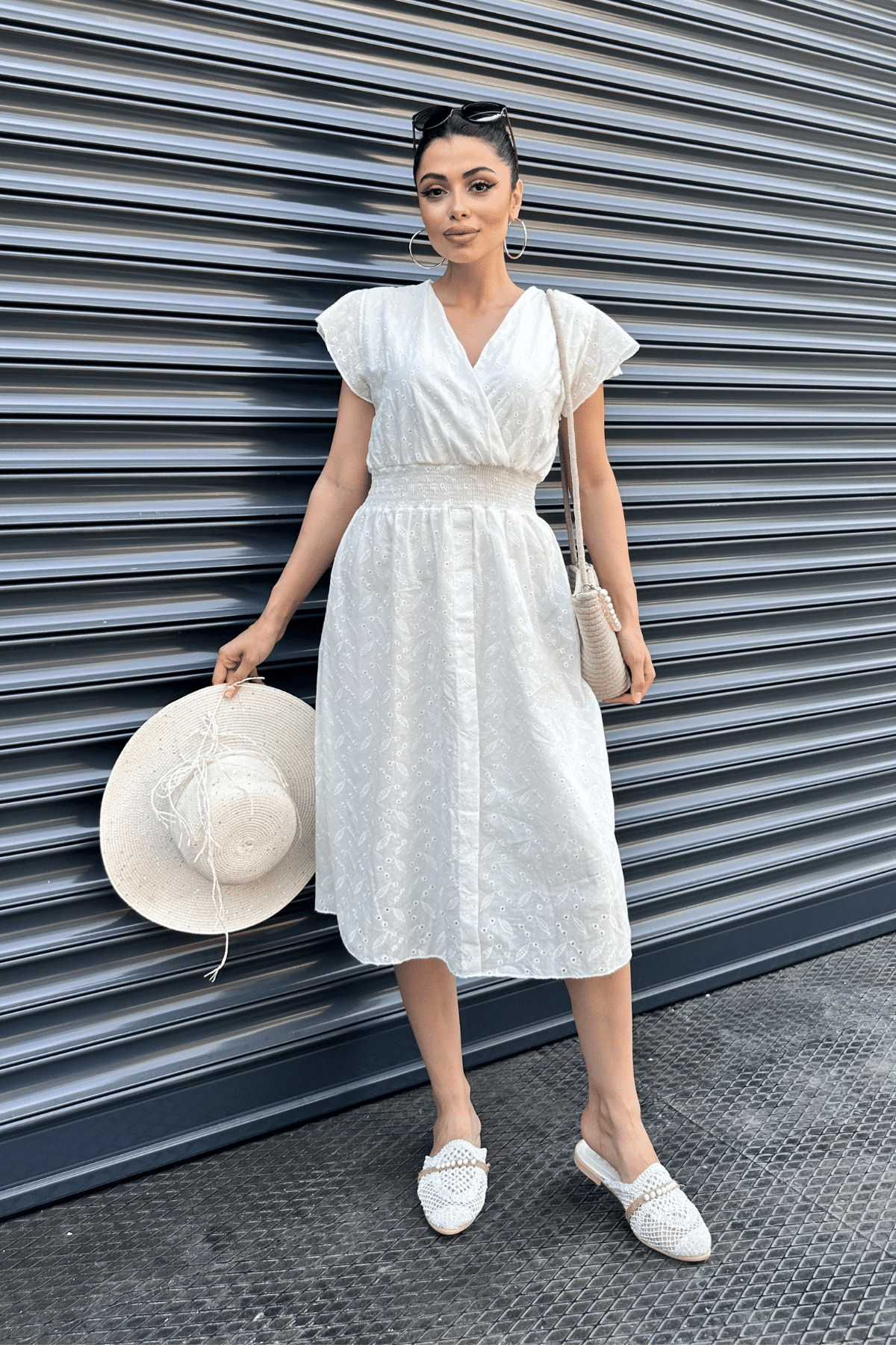 Fisto Kumaş Kruvaze Yaka Elbise - BEYAZ