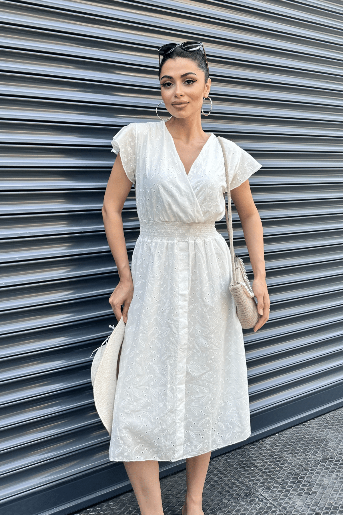 Fisto Kumaş Kruvaze Yaka Elbise - BEYAZ