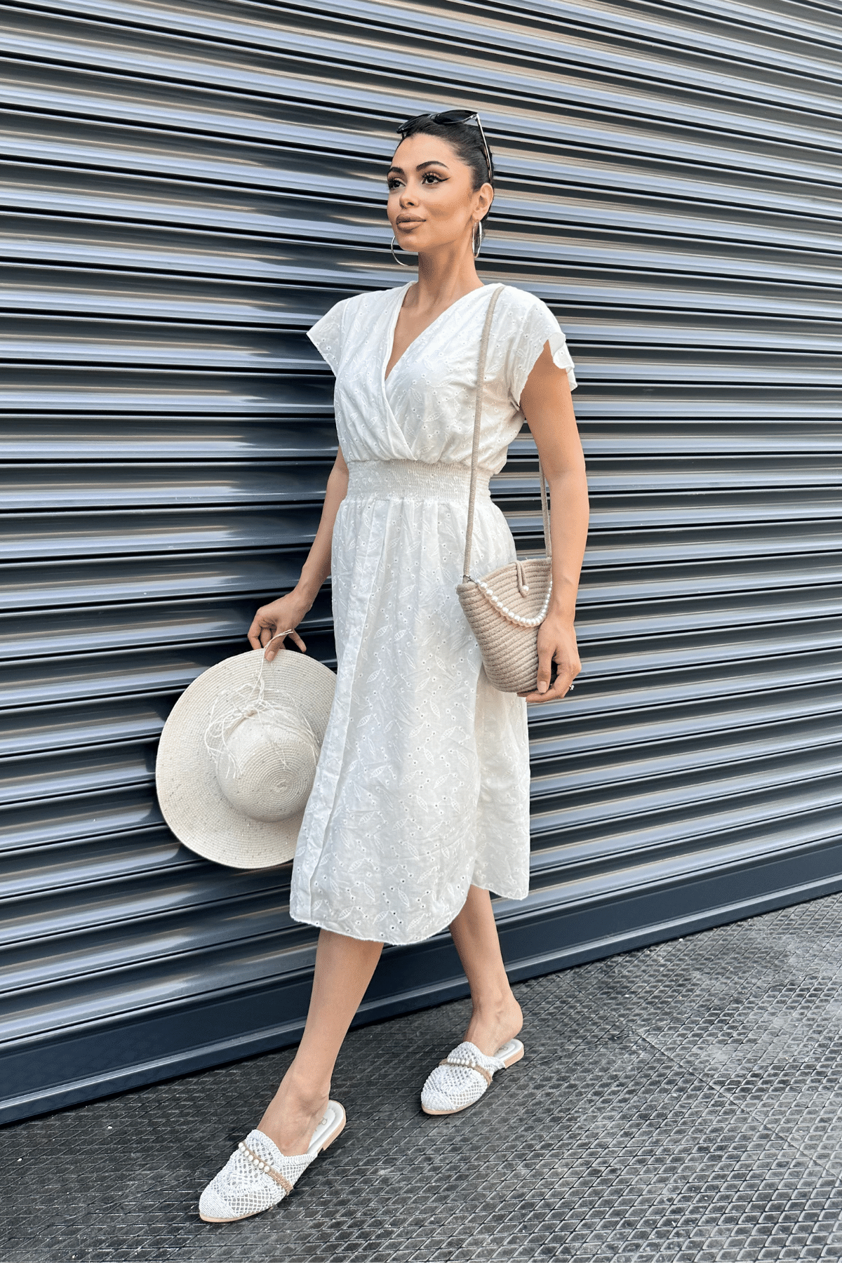 Fisto Kumaş Kruvaze Yaka Elbise - BEYAZ