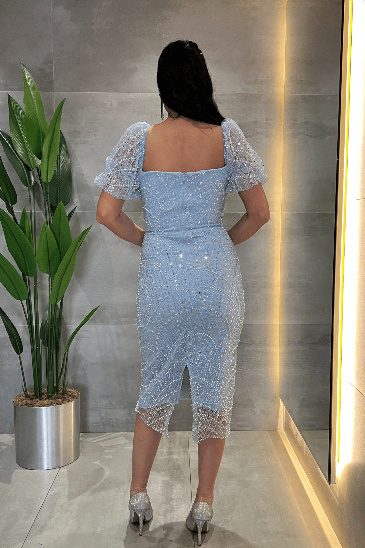Ful Boncuklu Kare Yaka Kalem Elbise - BEBE MAVİSİ