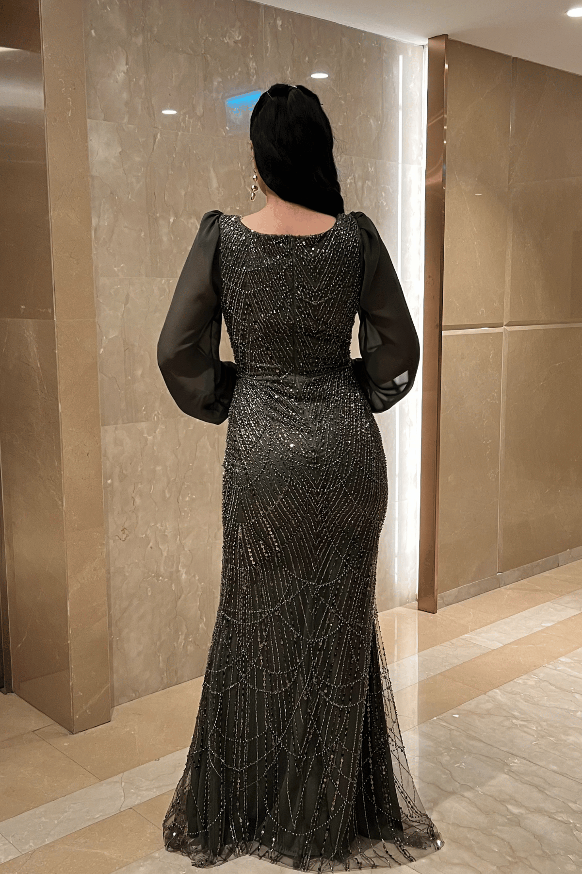 Ful Boncuklu Kolları Şifon Elbise - HAKİ YEŞİLİ