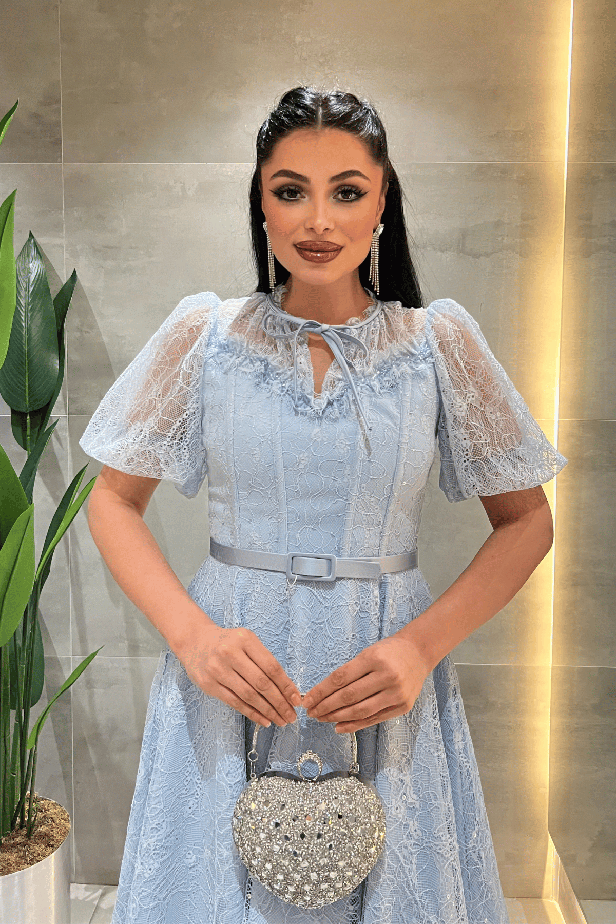 Ful Dantel Kumaş Balon Kol Midi Elbise - BEBE MAVİSİ