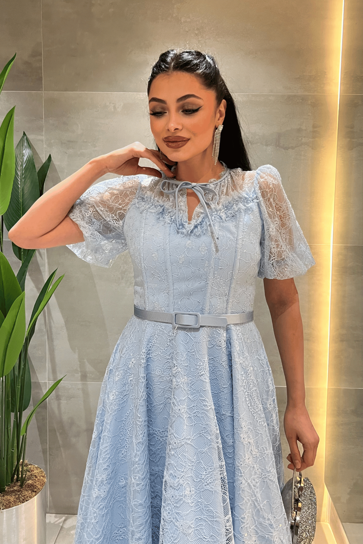 Ful Dantel Kumaş Balon Kol Midi Elbise - BEBE MAVİSİ