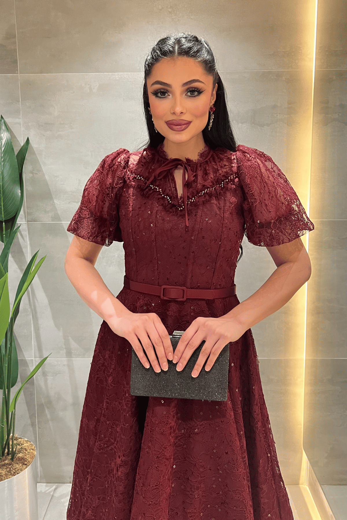 Ful Dantel Kumaş Balon Kol Midi Elbise - BORDO