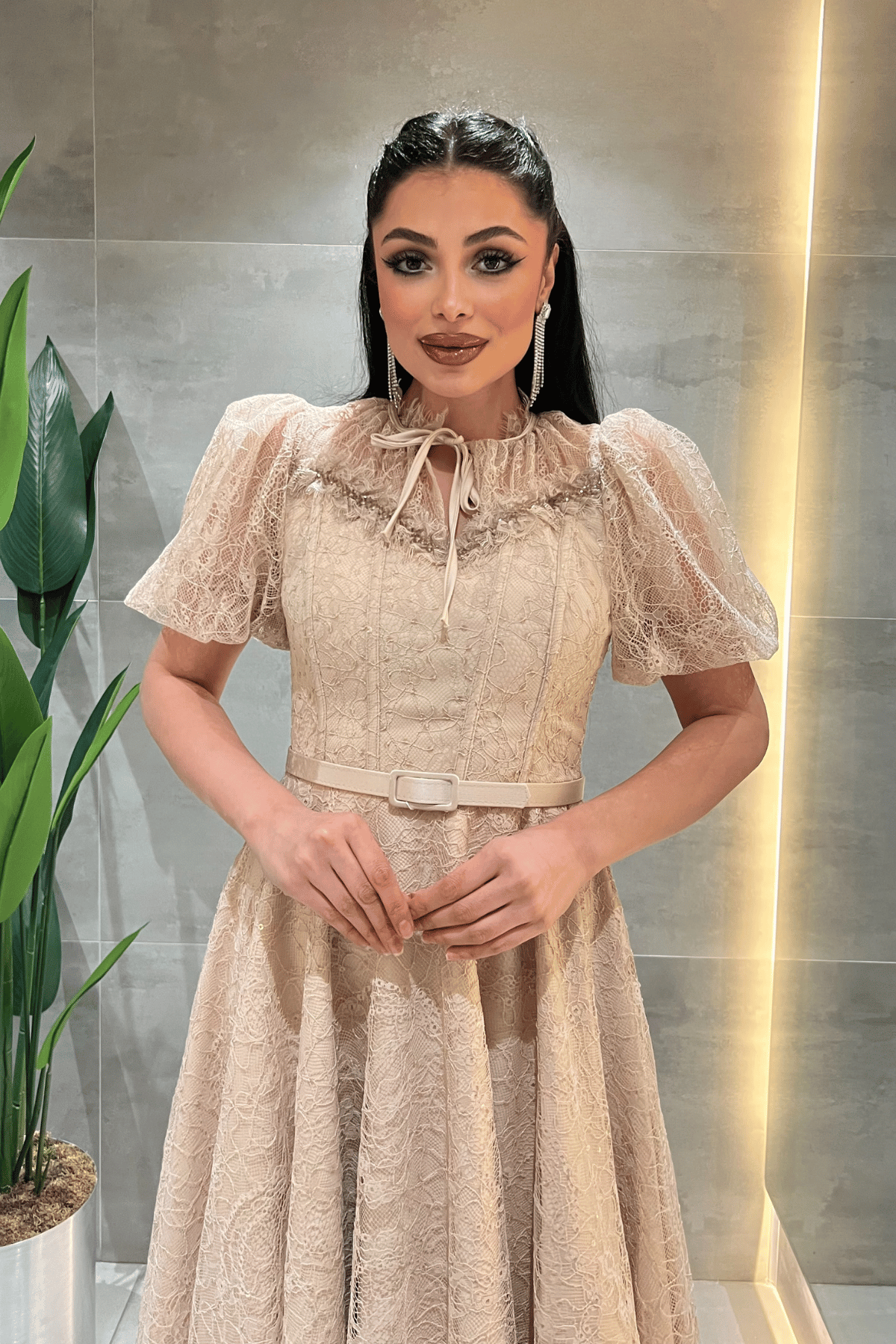 Ful Dantel Kumaş Balon Kol Midi Elbise - KREM