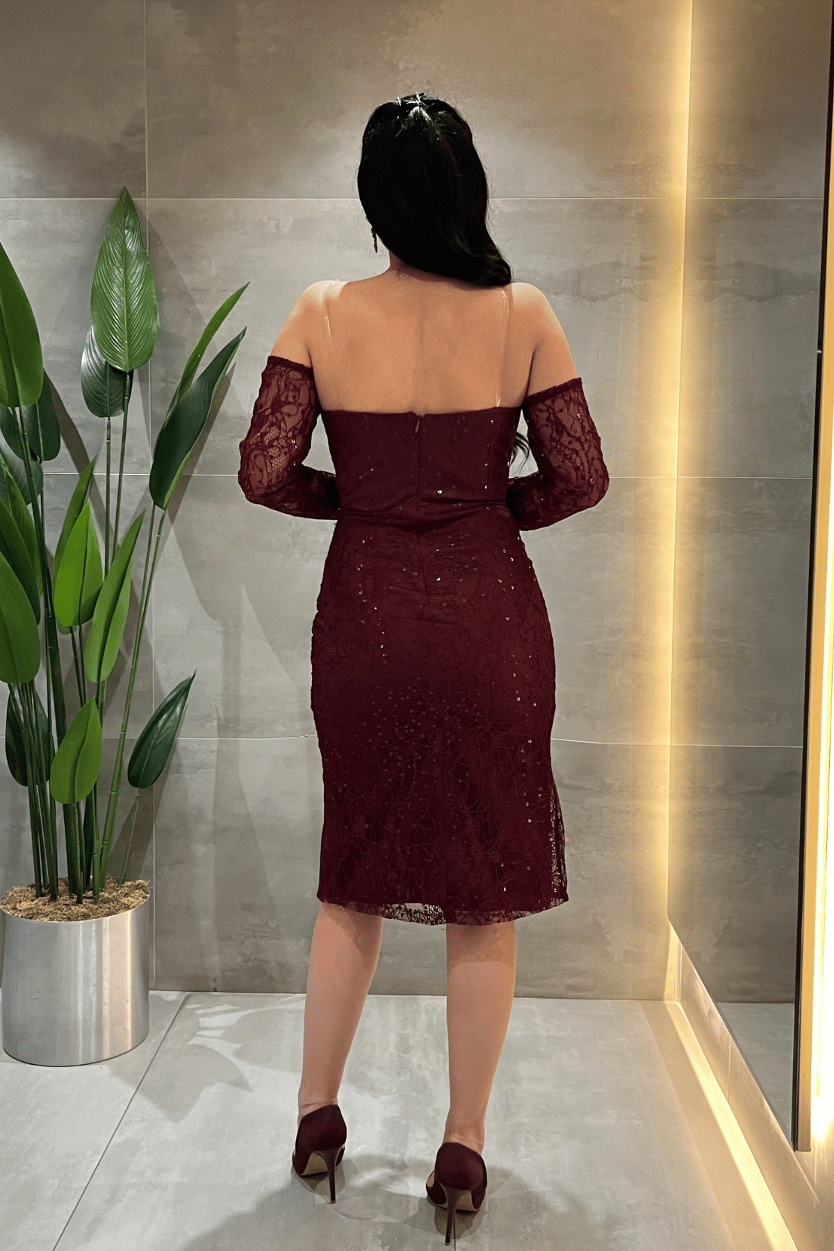 Ful Dantel Kumaş Boncuk Detaylı Kalem Elbise - BORDO