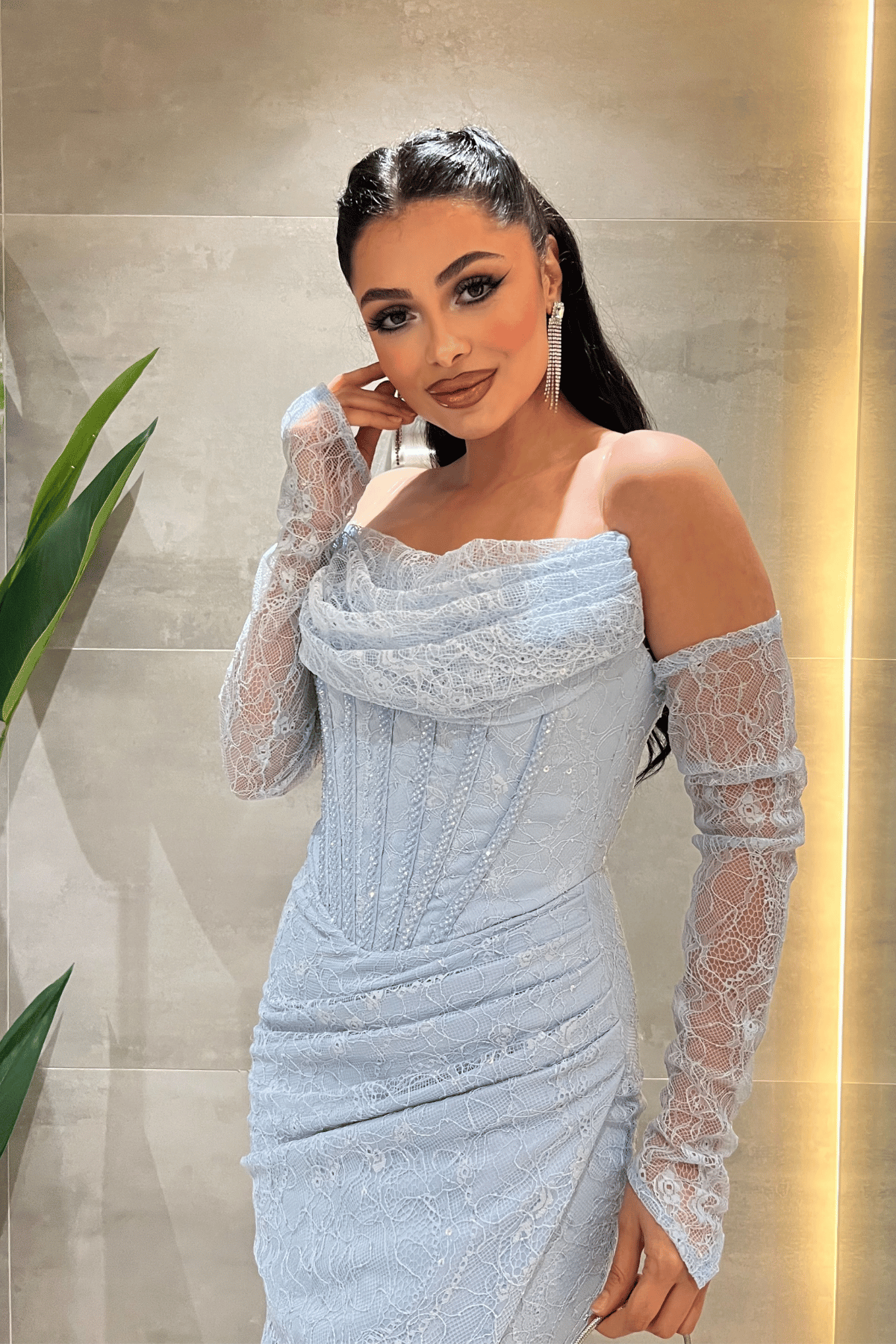Ful Dantel Kumaş Boncuk Detaylı Kalem Elbise - BEBE MAVİSİ