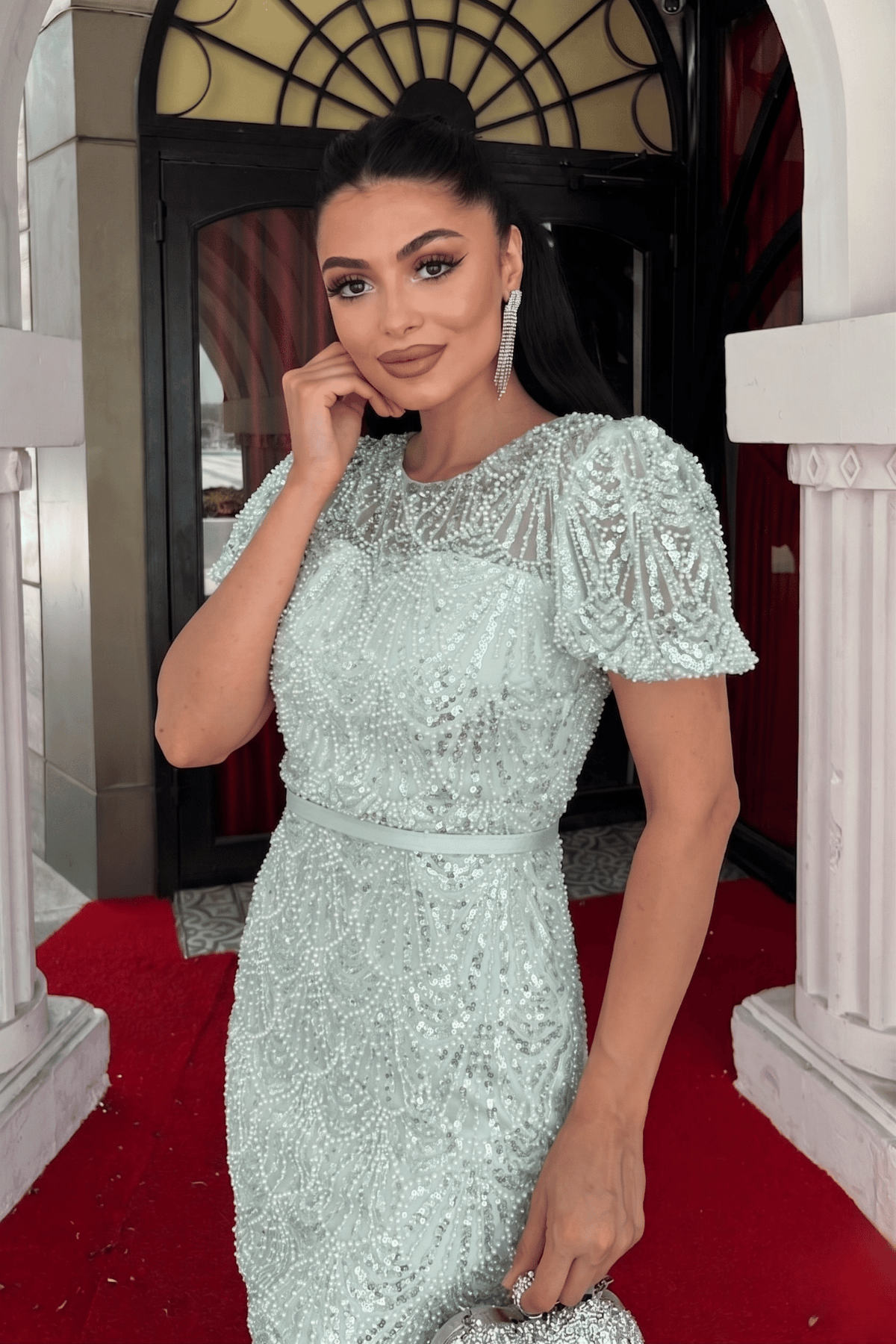 Full Boncuklu Kalem Elbise - MİNT YEŞİLİ