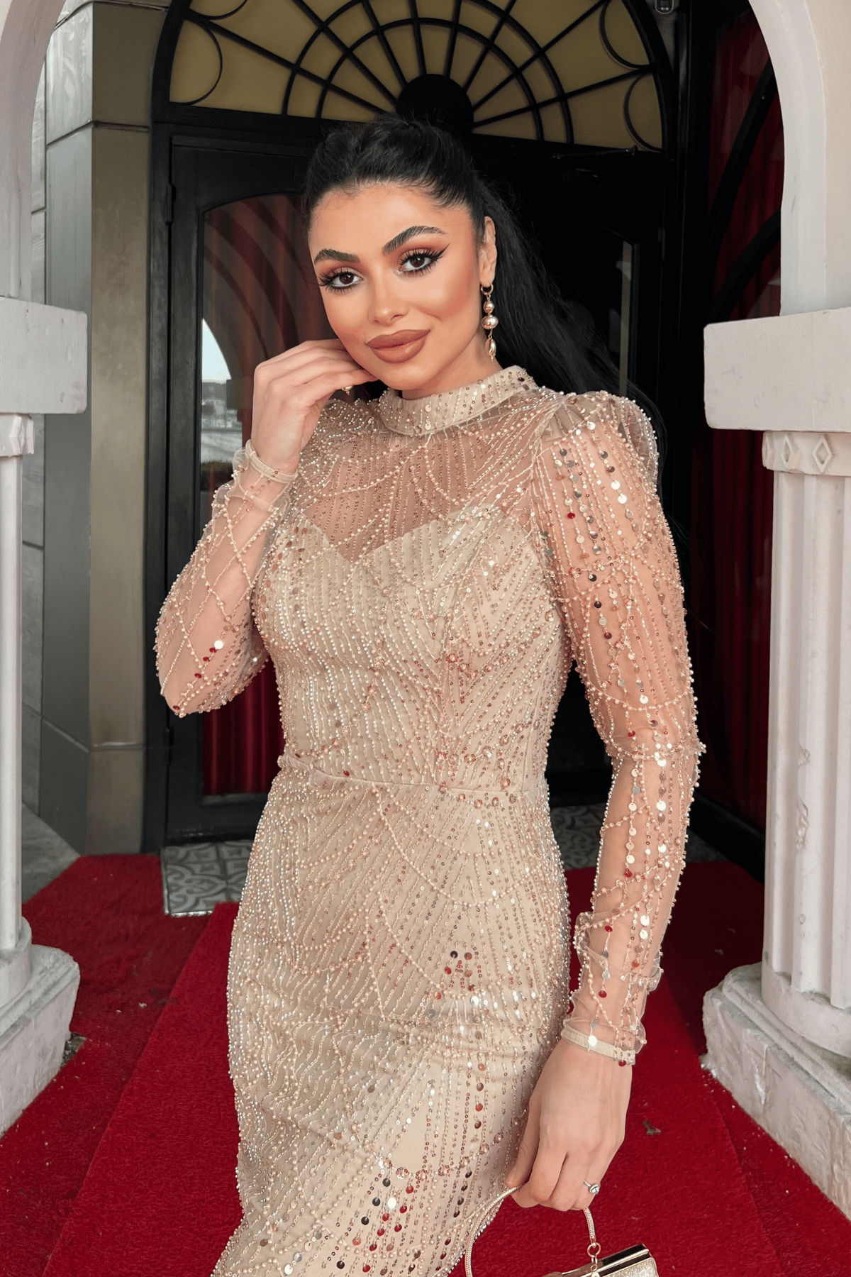 Full Boncuklu Kumaş Balık Abiye Elbise - GOLD