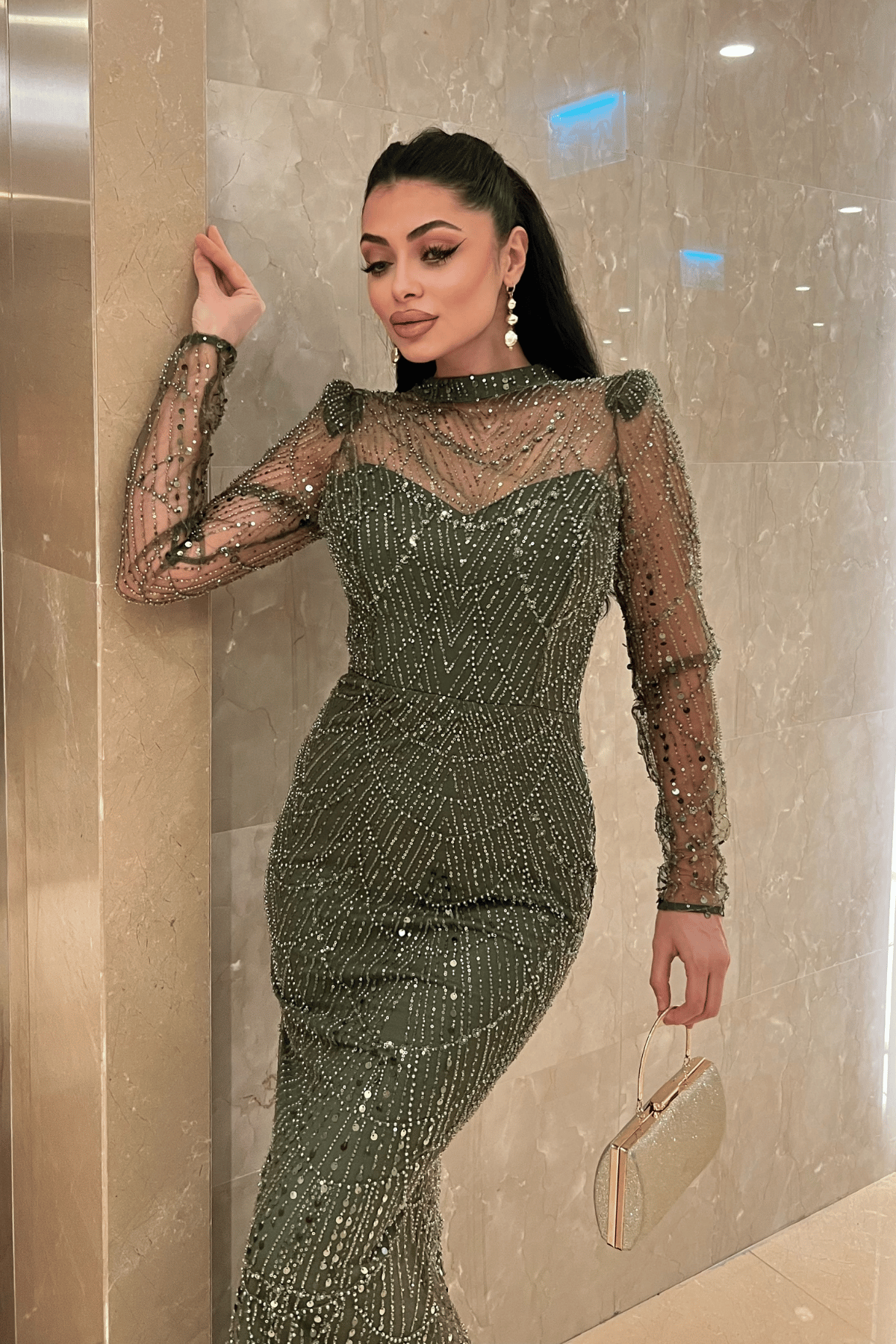 Full Boncuklu Kumaş Balık Abiye Elbise - HAKİ YEŞİLİ