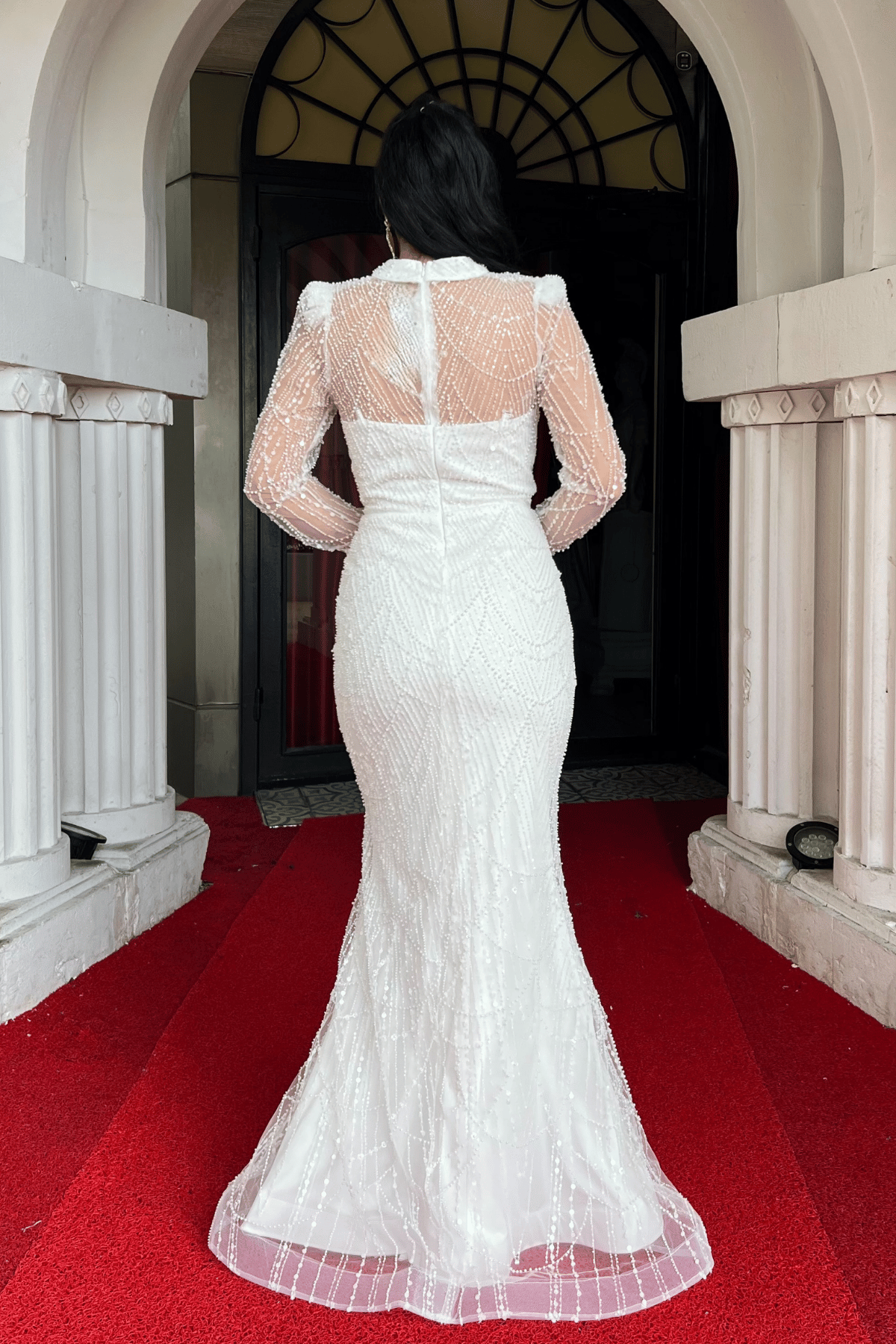 Full Boncuklu Kumaş Balık Abiye Elbise - BEYAZ