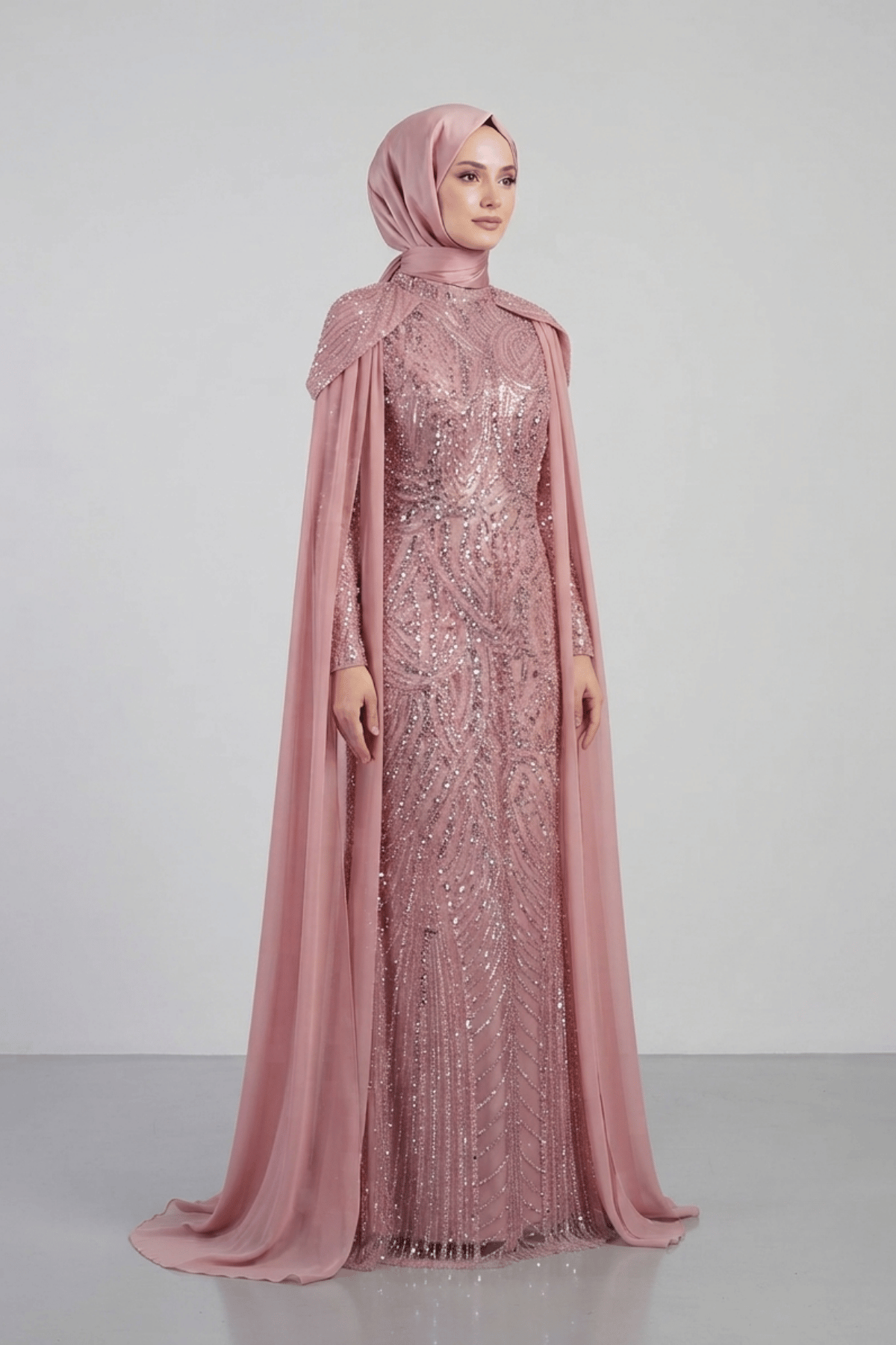 Full Boncuklu Kumaş Kolları Sifon Detaylı Tesettür  Elbise - PUDRA