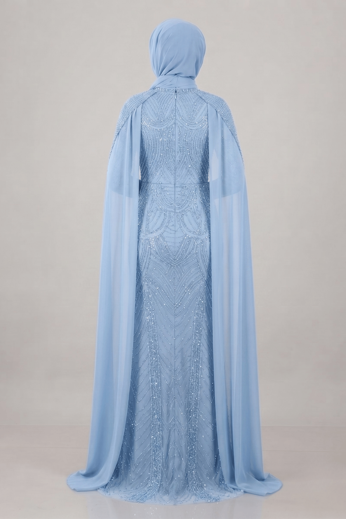 Full Boncuklu Kumaş Kolları Sifon Detaylı Tesettür  Elbise - BEBE MAVİSİ