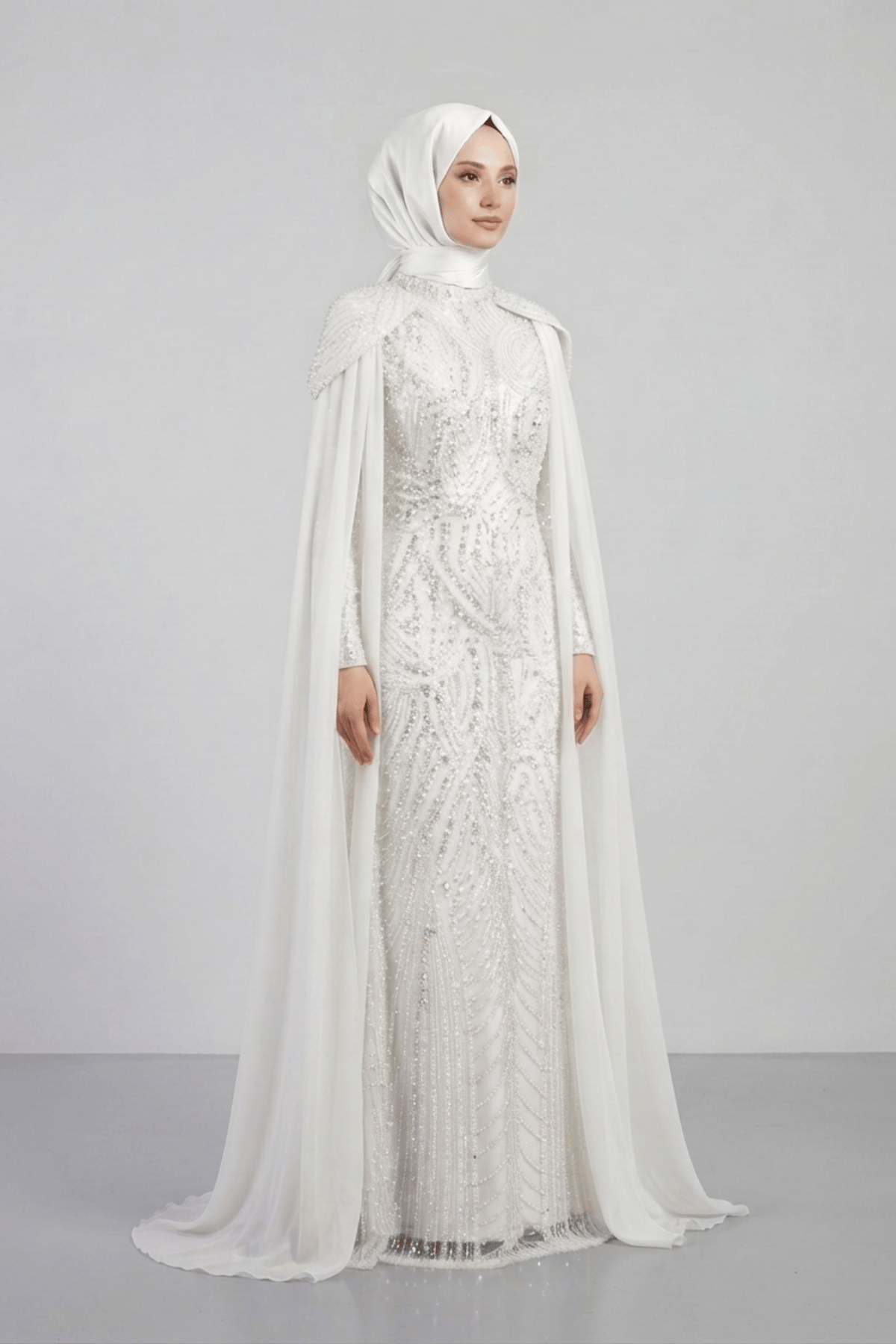 Full Boncuklu Kumaş Kolları Sifon Detaylı Tesettür  Elbise - BEYAZ