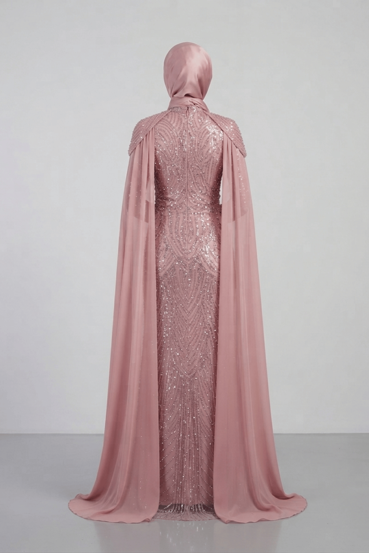 Full Boncuklu Kumaş Kolları Sifon Detaylı Tesettür  Elbise - PUDRA