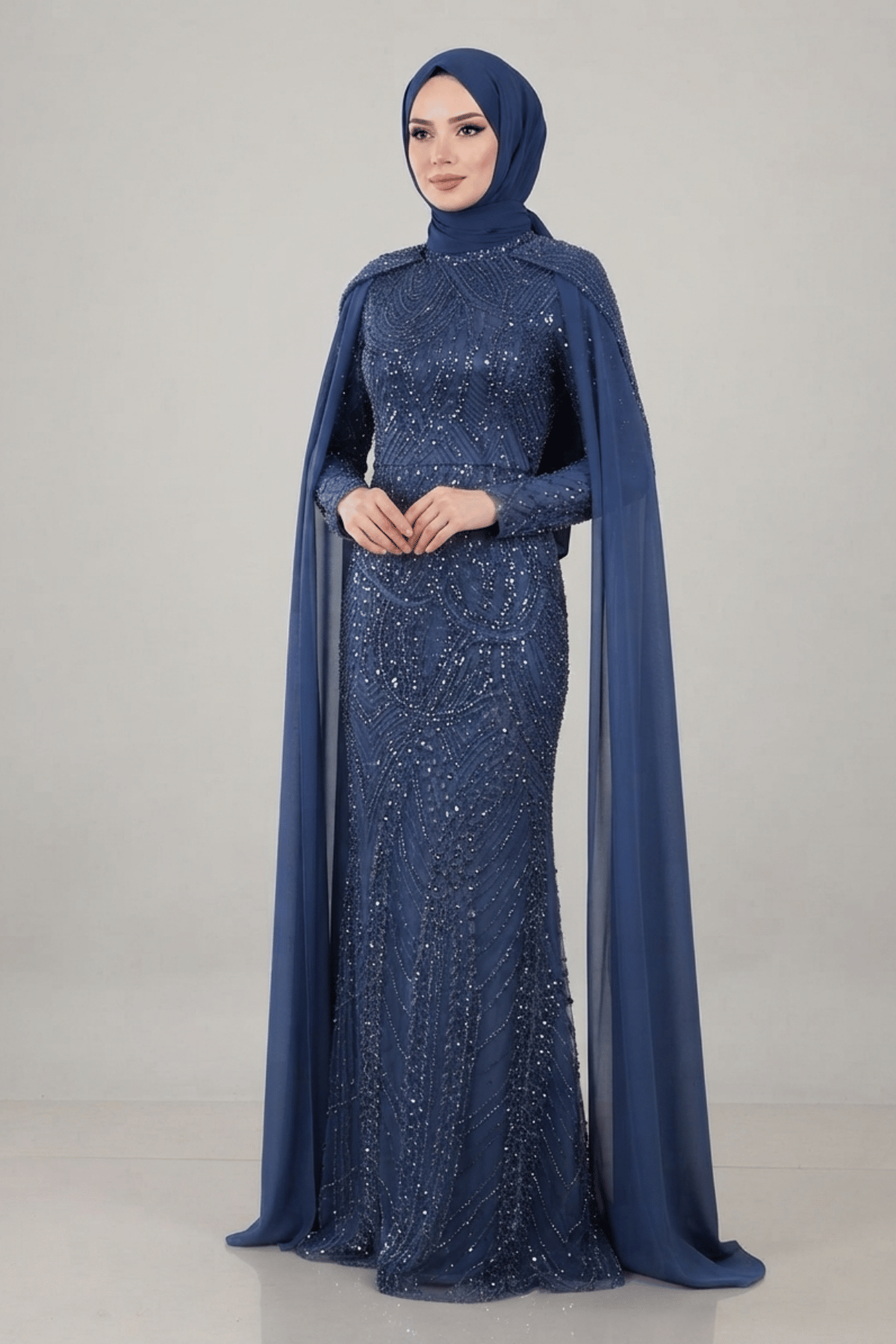 Full Boncuklu Kumaş Kolları Sifon Detaylı Tesettür  Elbise - İNDİGO MAVİ