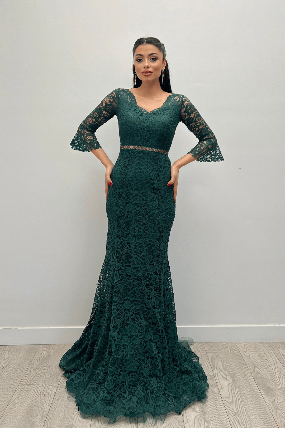 Full Guipure Fish  Dress - Emerald