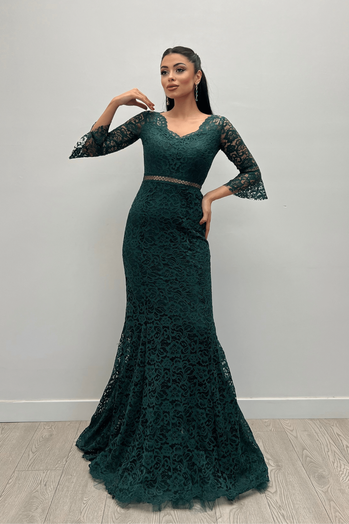 Full Guipure Fish  Dress - Emerald