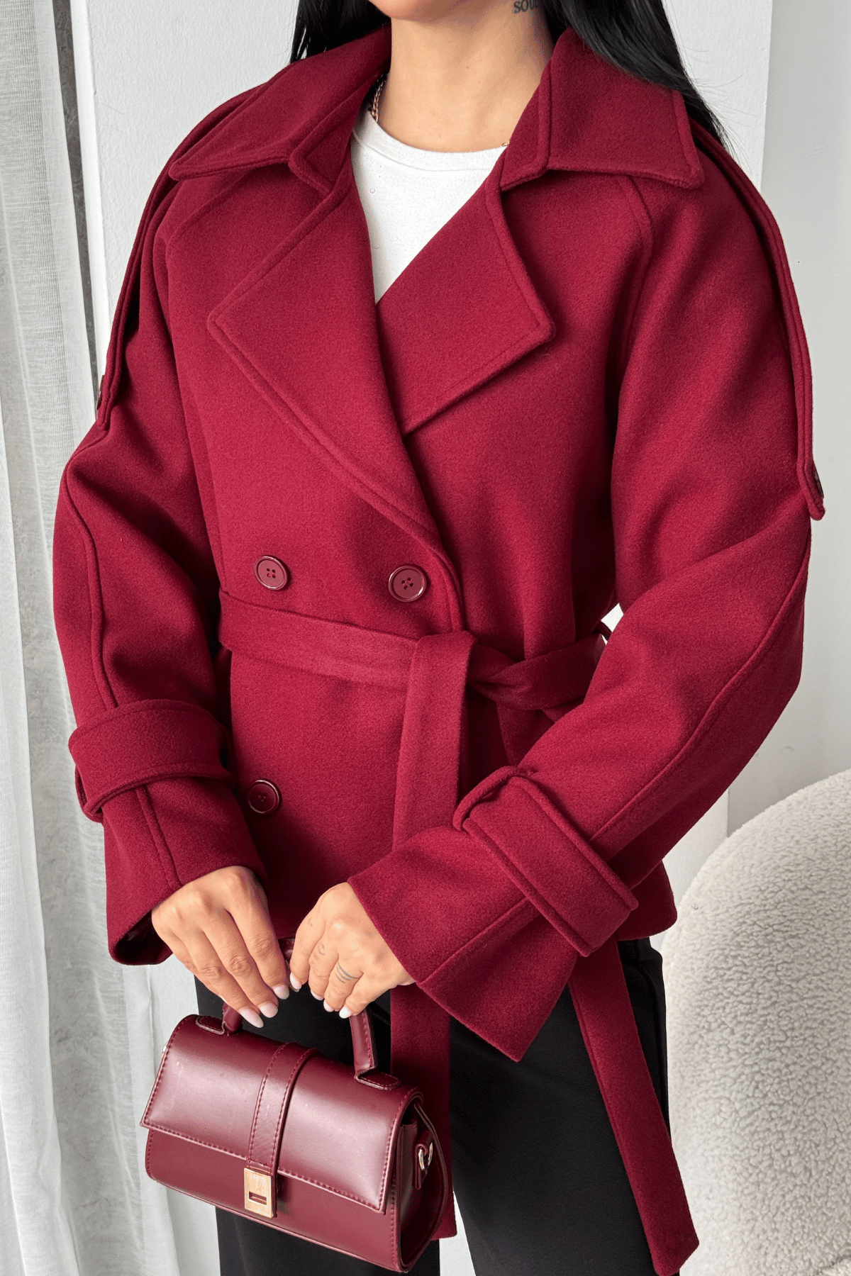 İthal Kaşe Kumaş Kısa Kaban - BORDO