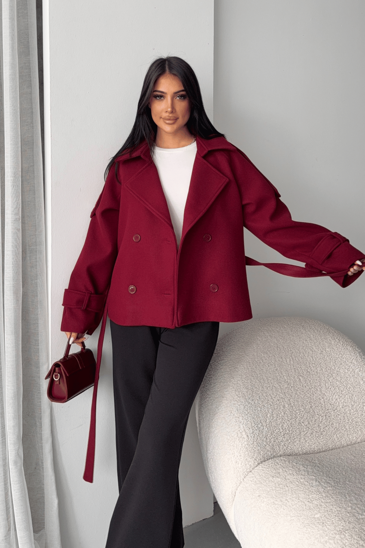 İthal Kaşe Kumaş Kısa Kaban - BORDO