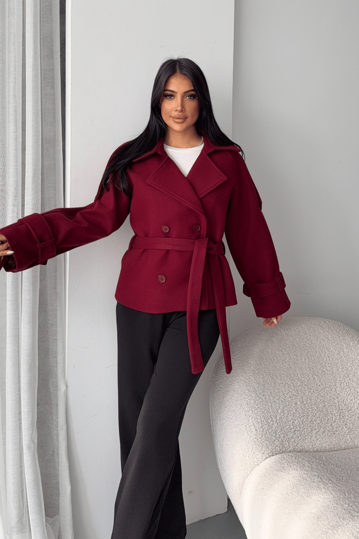 İthal Kaşe Kumaş Kısa Kaban - BORDO